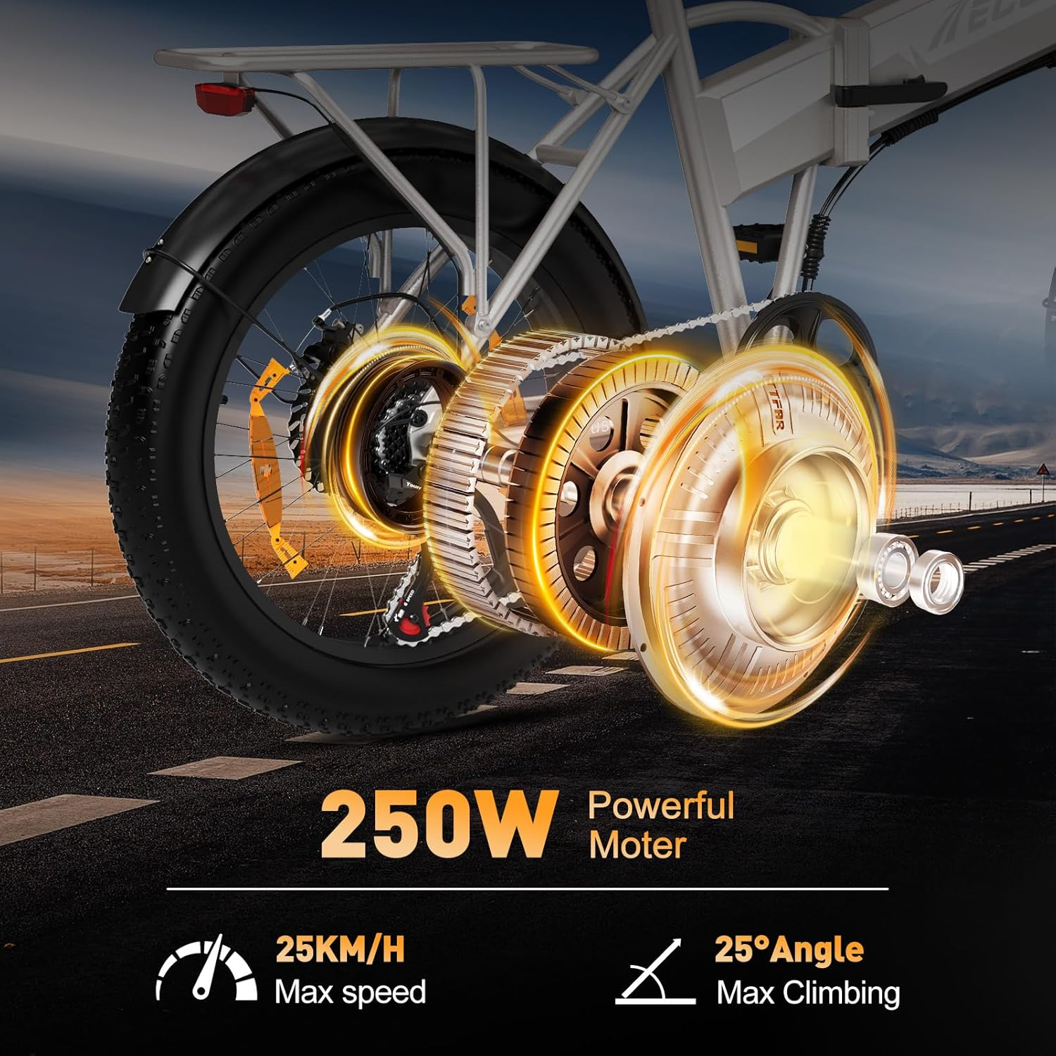 E-bike con motor de 250W, velocidad máxima de 25 km/h y ángulo de escalada de 25 grados. Rueda trasera visible con frenos de disco y detalles naranjas.
