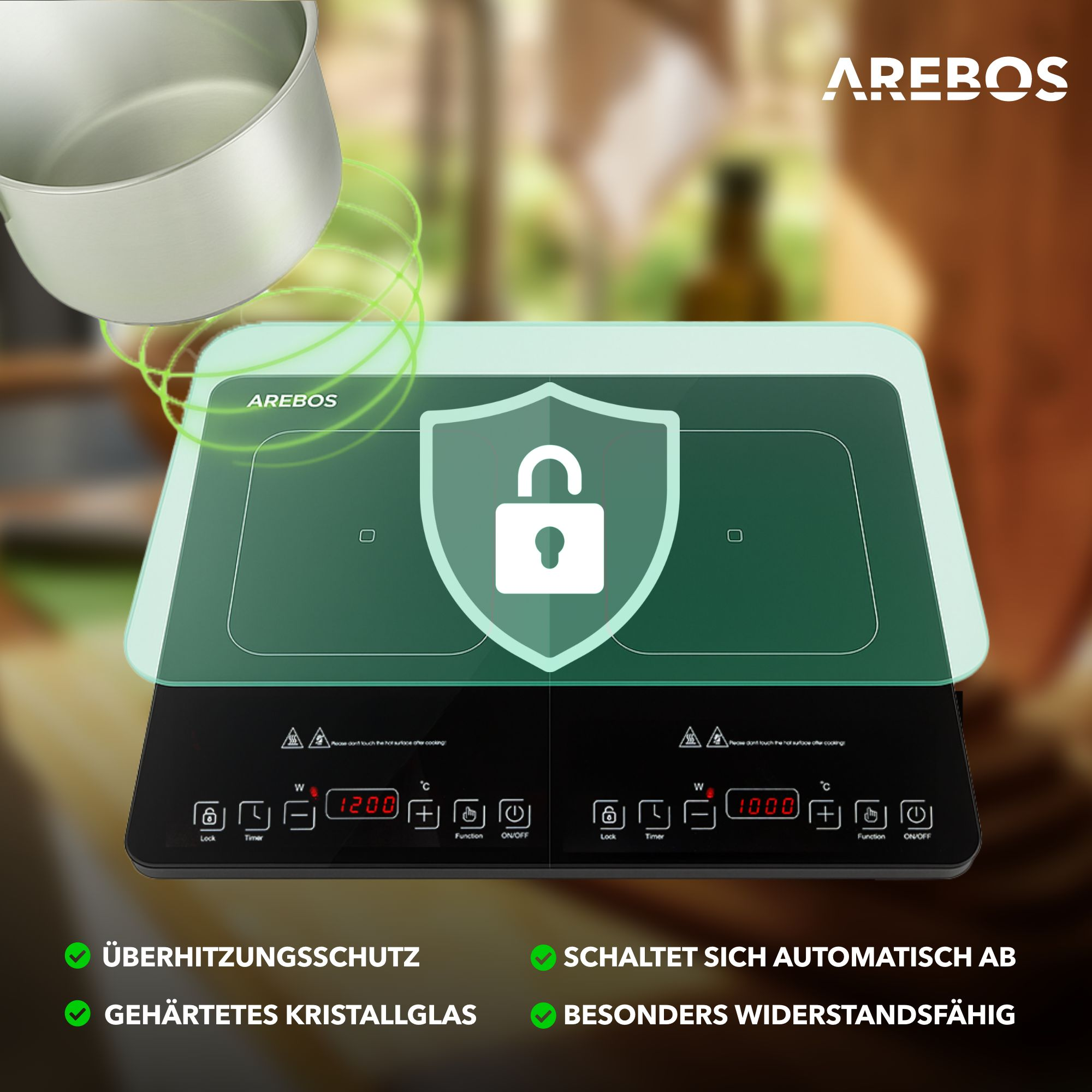 Ein Induktionskochfeld mit zwei Kochzonen. Eine Pfanne schwebt darüber, und das Logo 'AREBOS' ist oben.