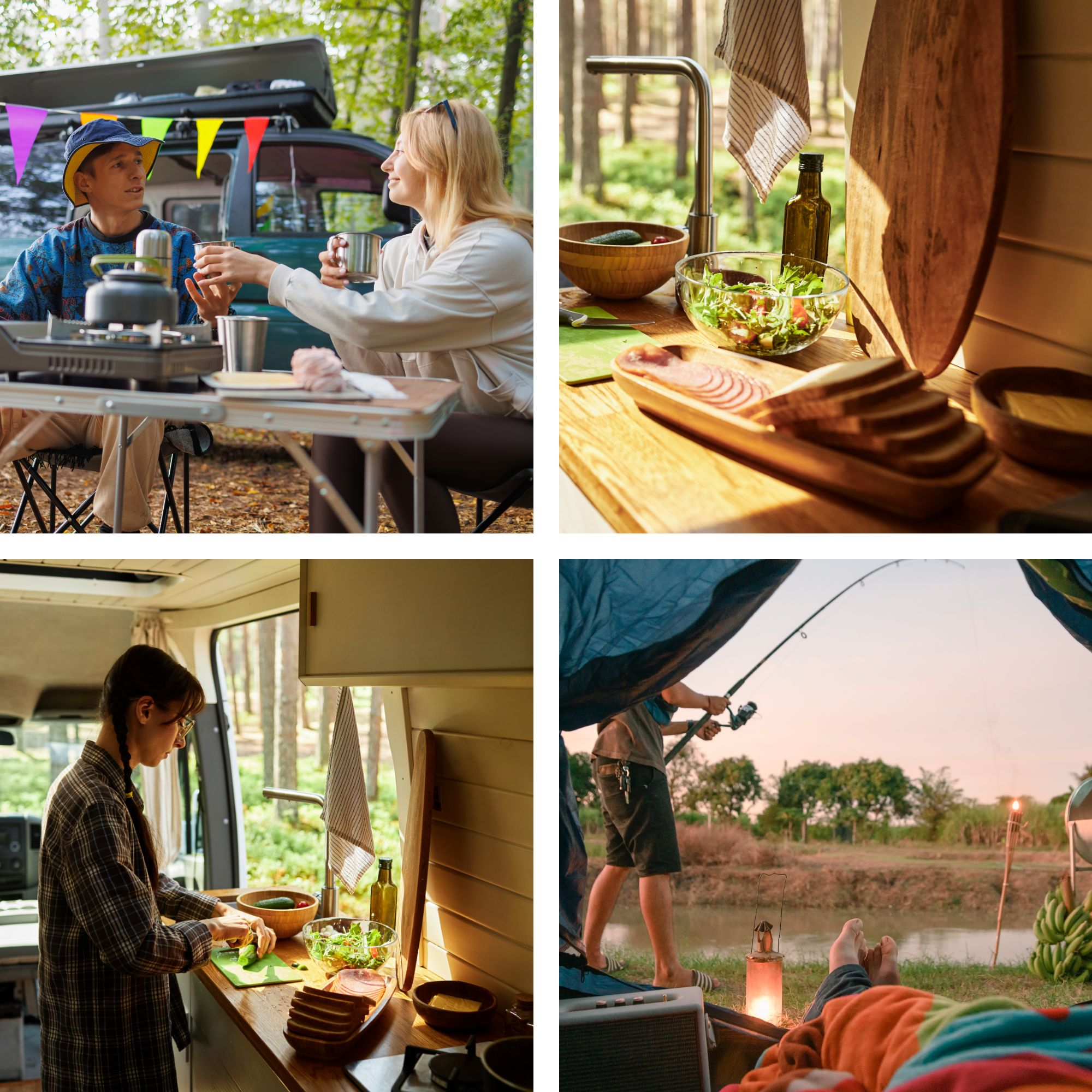 Eine Collage von vier Bildern, die Campingaktivitäten zeigen: Kochen, Essenszubereitung und Angeln. Verschiedene Personen sind in den Bildern.