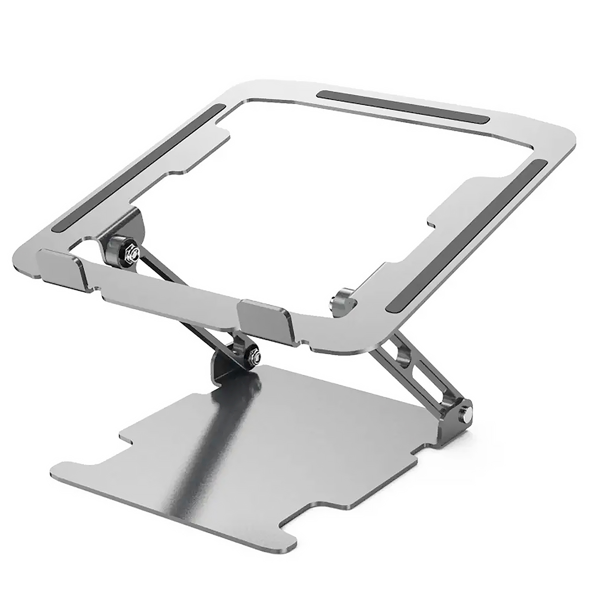 Silberner Laptopständer, verstellbar, mit schwarzen Gummipads. Der Ständer steht auf weißem Hintergrund.