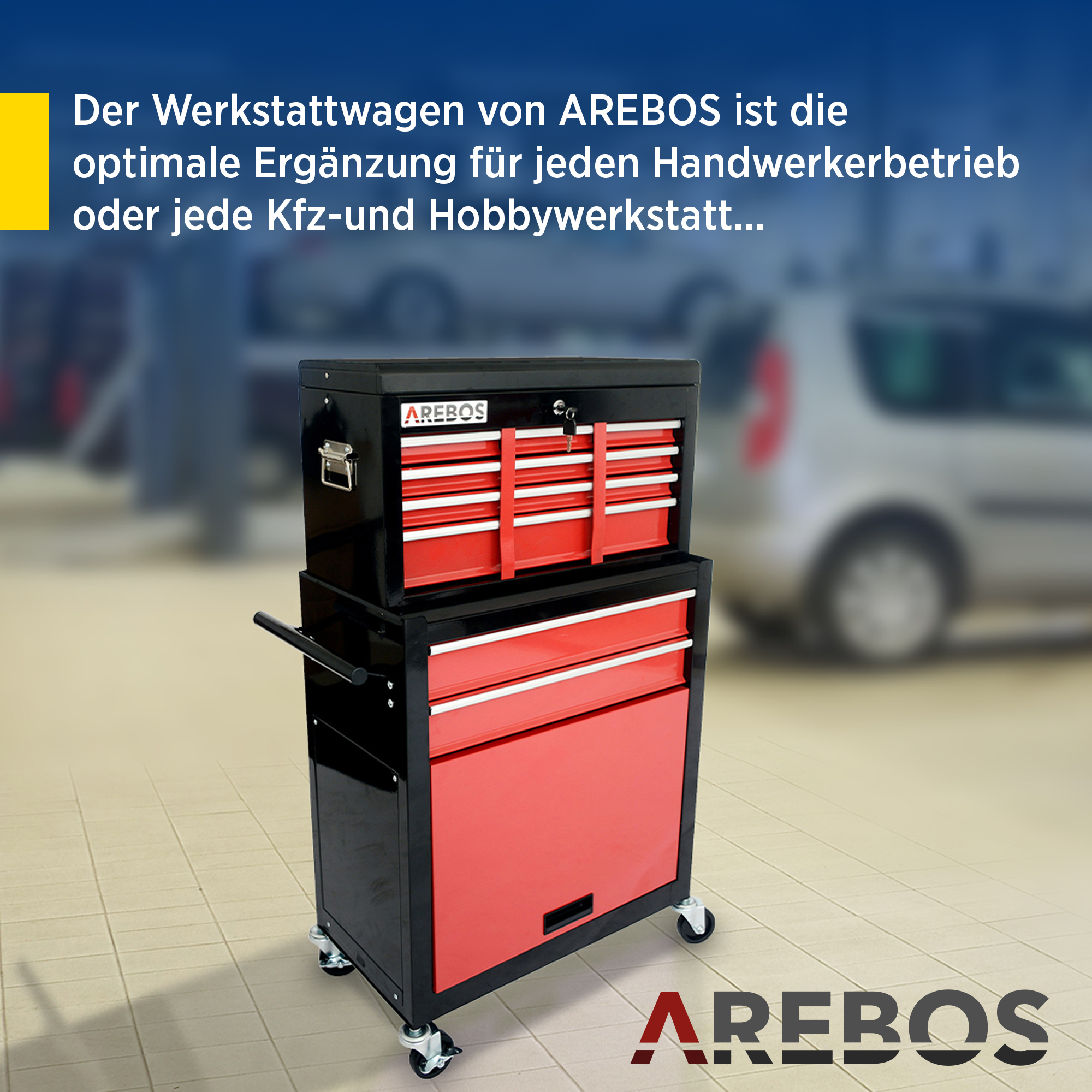 Eine schwarz-rote Werkzeugkiste auf Rädern vor verschwommenem Garagenhintergrund mit Textüberlagerung.