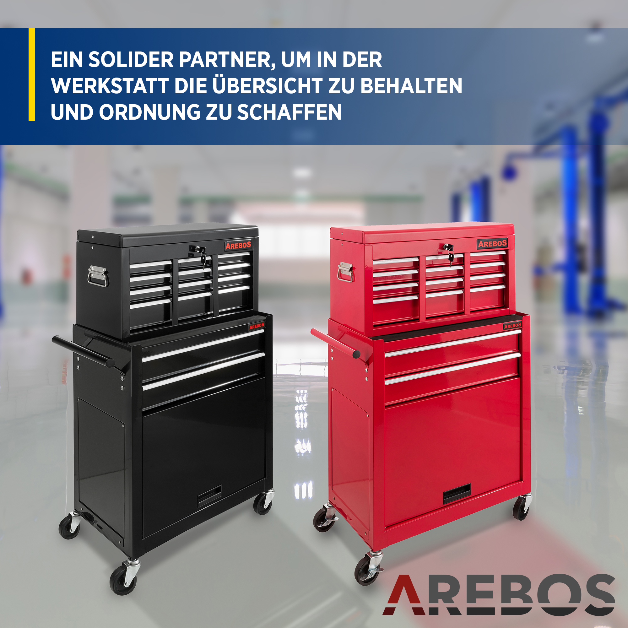 Zwei Werkzeugwagen, schwarz und rot. AREBOS-Logo unten, in einer Werkstatt.