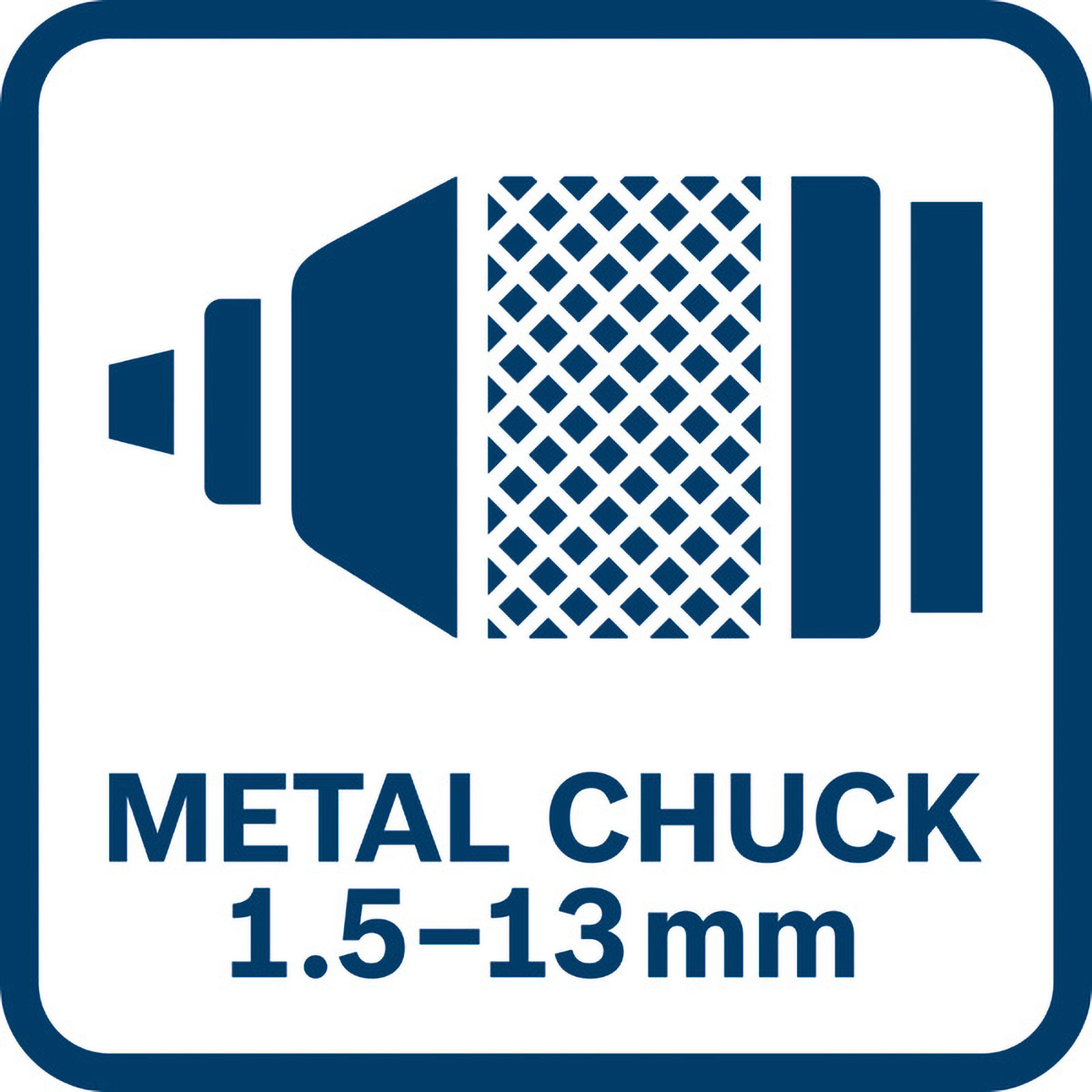 Ein Metallfutter mit Abmessungen und dem Text METAL CHUCK 1.5-13mm auf blauem quadratischen Hintergrund.