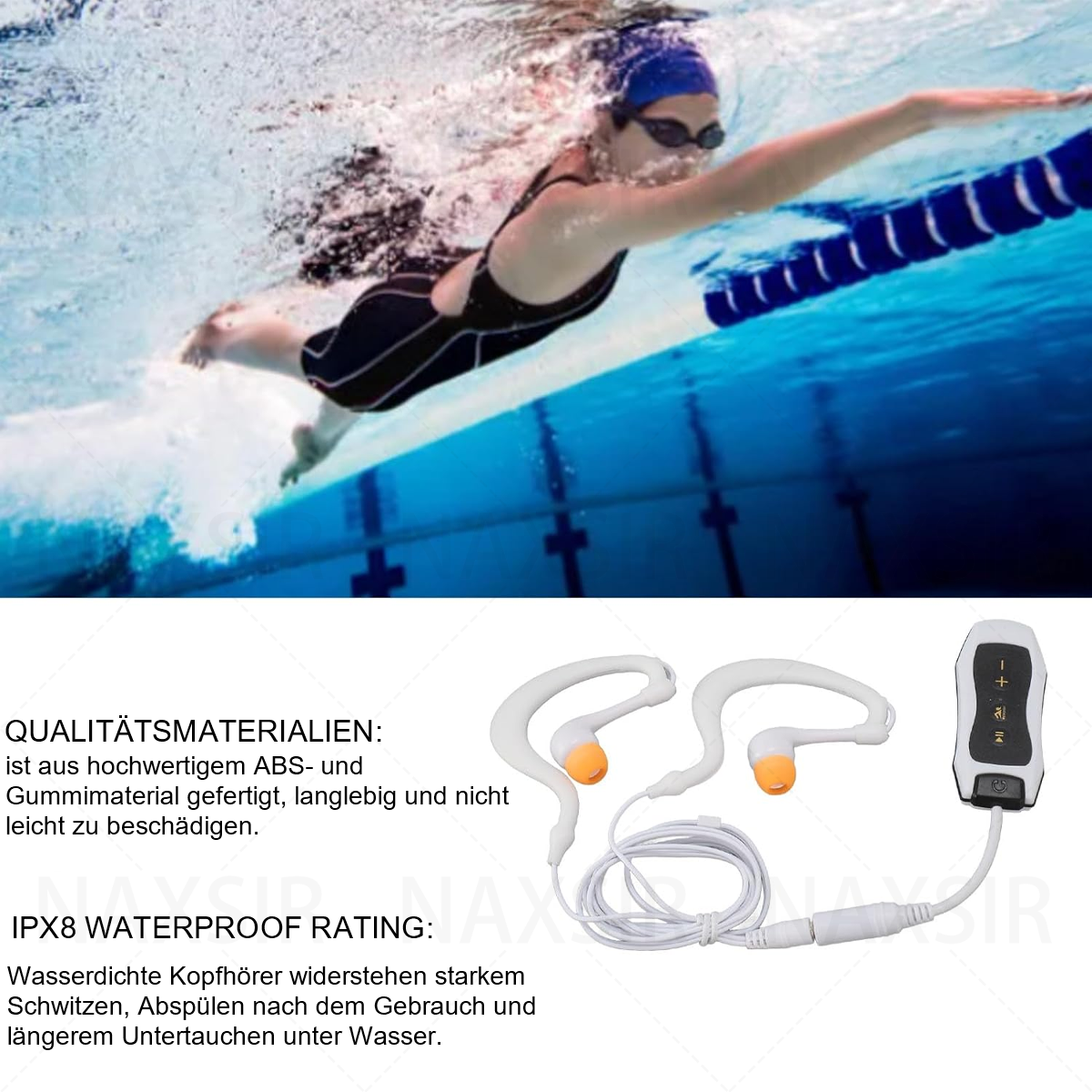 Schwimmer im Pool. Kopfhörer mit orangefarbenen Spitzen. Schwarz-weißer Controller. Weißes Kabel. Blaues Poolwasser.
