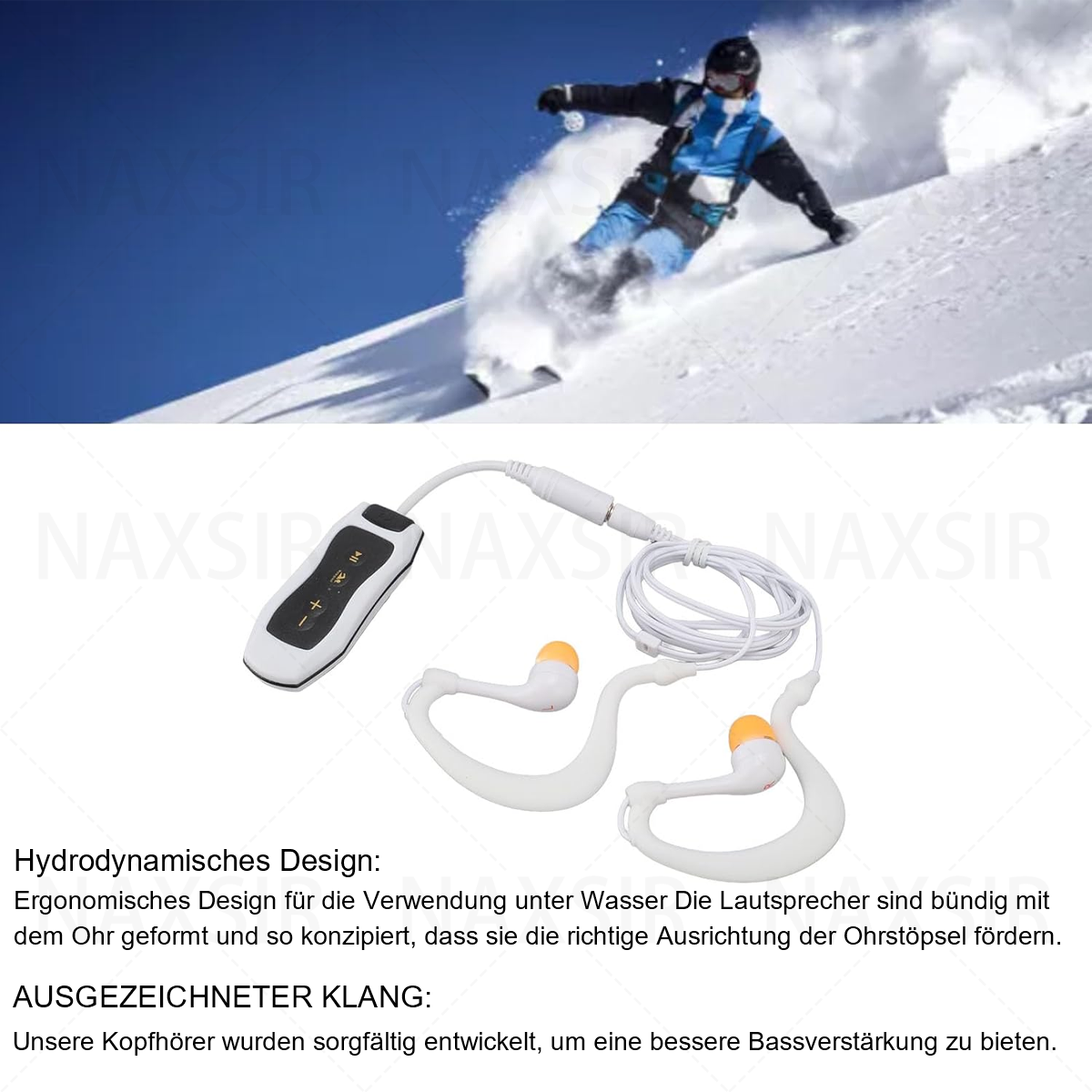 Skifahrer auf schneebedeckter Piste. Kopfhörer mit Controller und orangefarbenen Spitzen im Vordergrund. Weißes Kabel. Blauer Himmel.