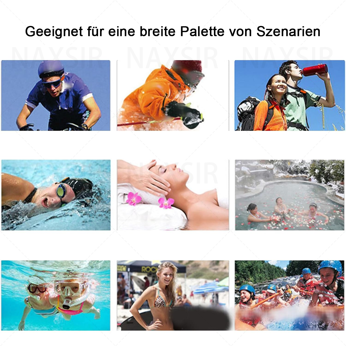 Bilder von Menschen, die verschiedene Aktivitäten wie Radfahren, Skifahren, Schwimmen und Spa-Anwendungen genießen, mit einigen Produkten.