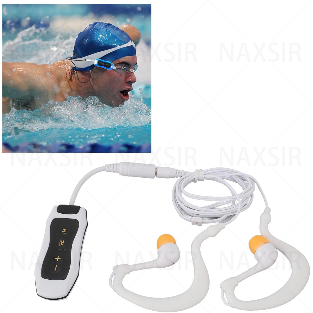 Schwimmer im Pool mit Brille und Kopfhörern. Kopfhörer mit orangefarbenen Spitzen, weißem Kabel und schwarz-weißem Controller.
