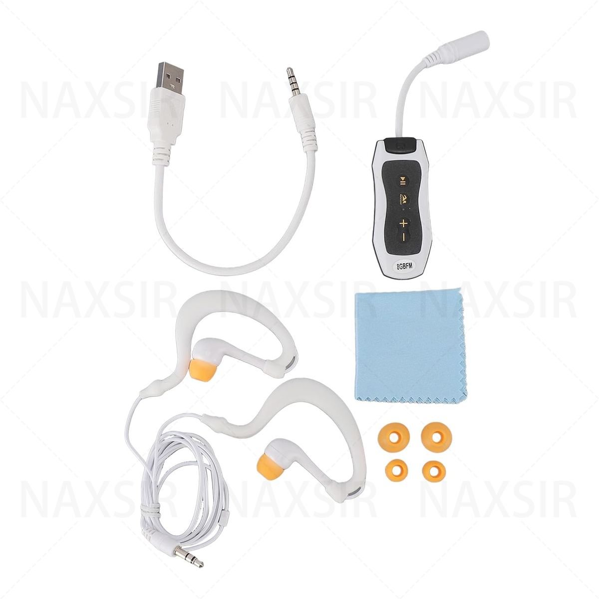 Set aus weißen Kopfhörern, USB-Kabel, 3,5-mm-Klinke, Reinigungstuch und Ohrstöpseln. Schwarz-weißer Controller.