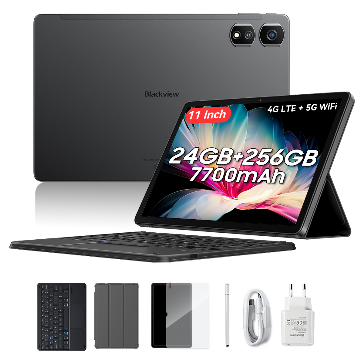 Blackview-Tablet mit Tastatur und Zubehör. Merkmale: 11-Zoll-Bildschirm, 24 GB RAM und 256 GB Speicher.