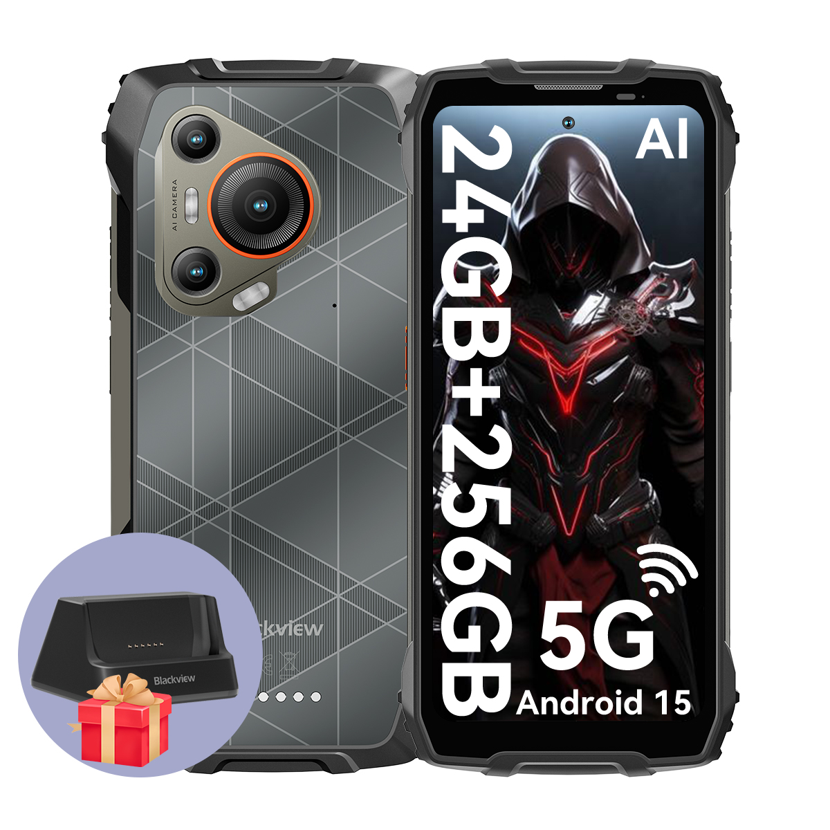 Blackview robustes Telefon mit Geschenkbox und Ladestation. 24GB RAM, 256GB Speicher, 5G.
