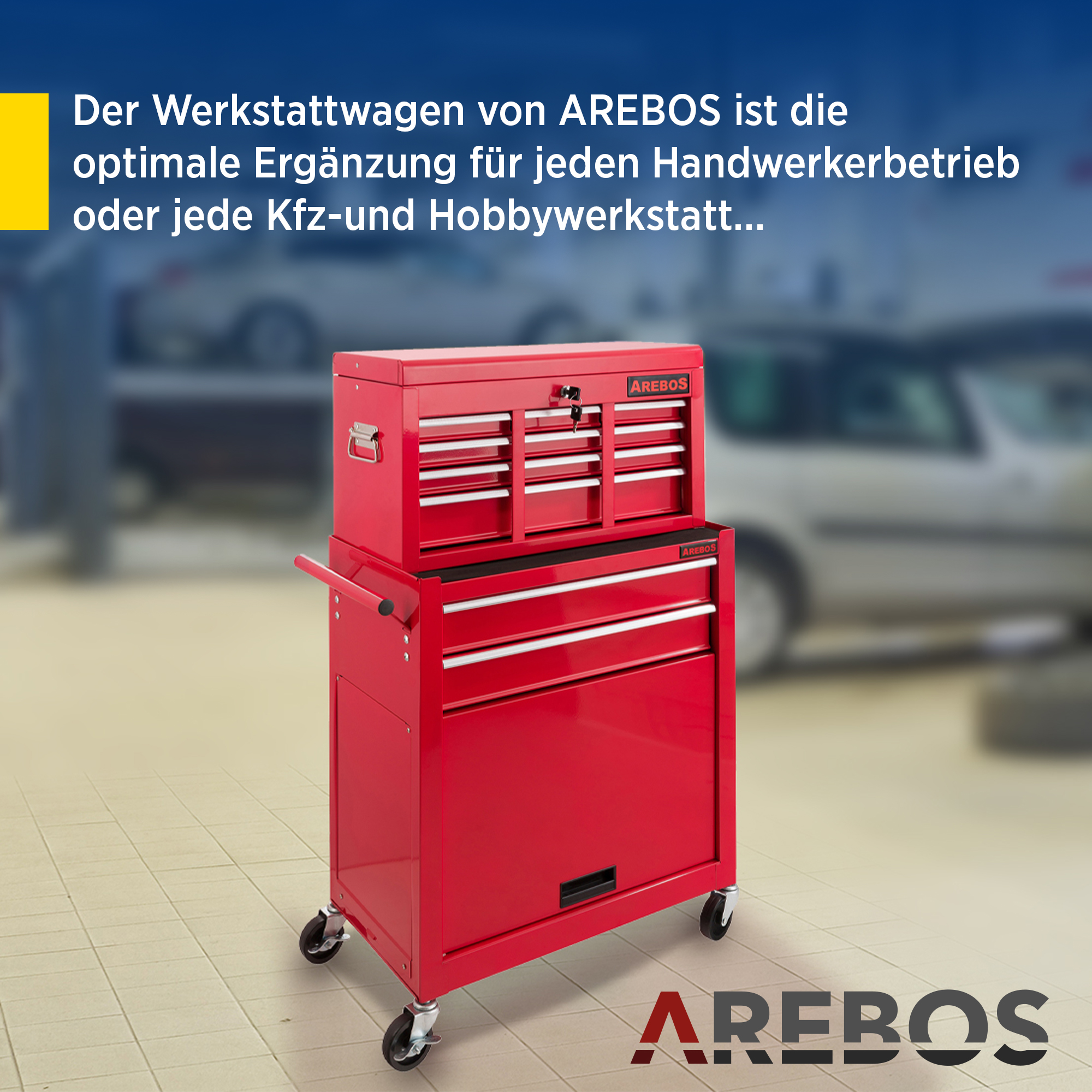 Roter Werkzeugschrank mit Schubladen und Rädern, mit AREBOS-Logo. Der Hintergrund ist unscharf.