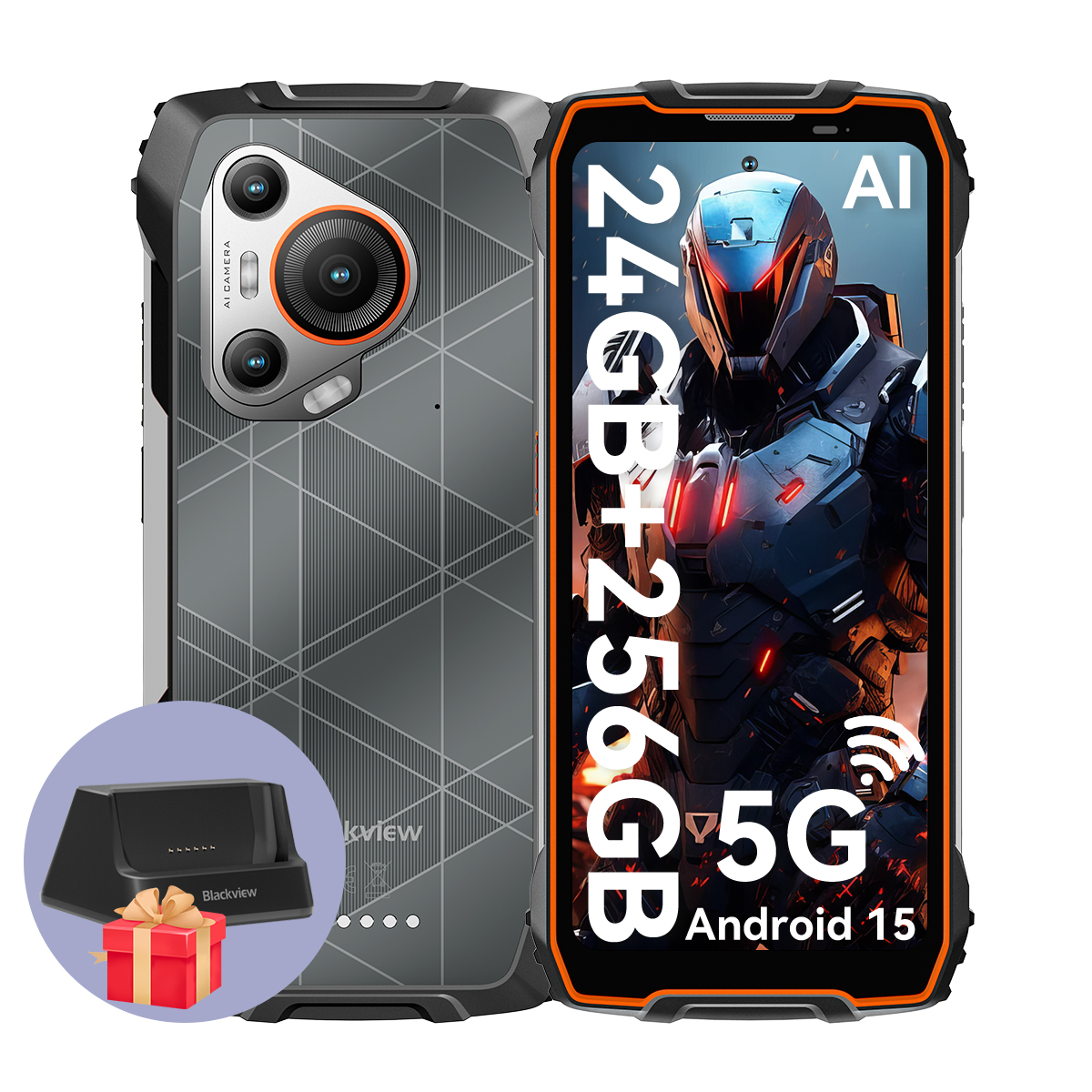 Schwarzes, robustes Telefon mit futuristischer Illustration auf dem Bildschirm und Geschenkbox. Doppelkamera.