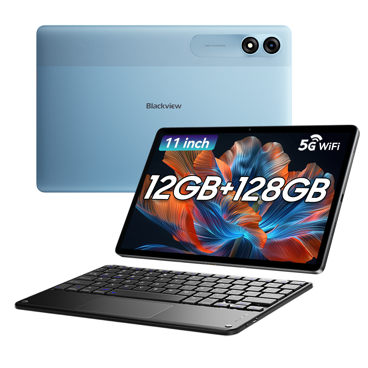 Una tableta con teclado y accesorios. La pantalla muestra información sobre sus características.