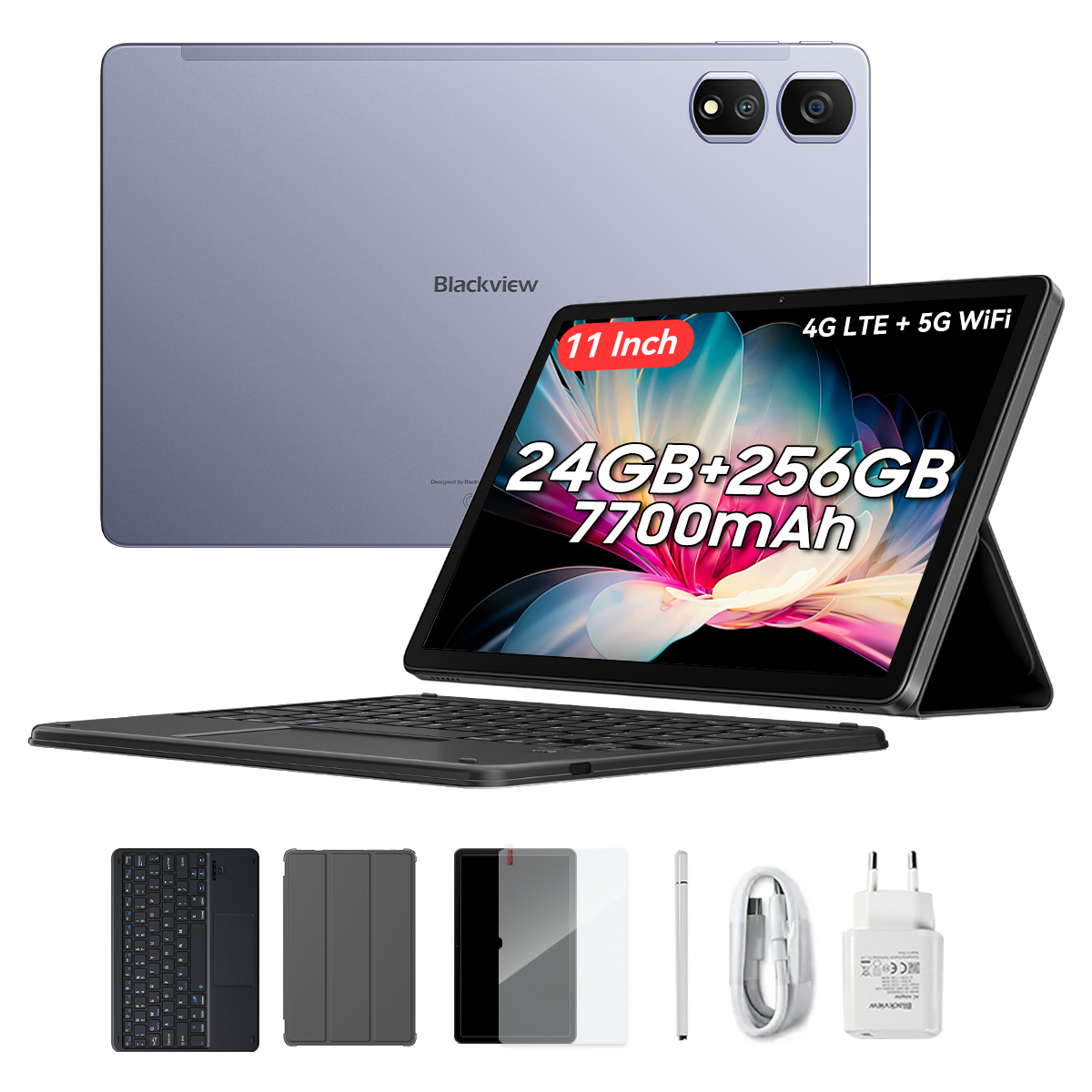 Blaues Blackview-Tablet mit Tastatur und Zubehör. Der Bildschirm zeigt 24 GB + 256 GB, 7700 mAh.