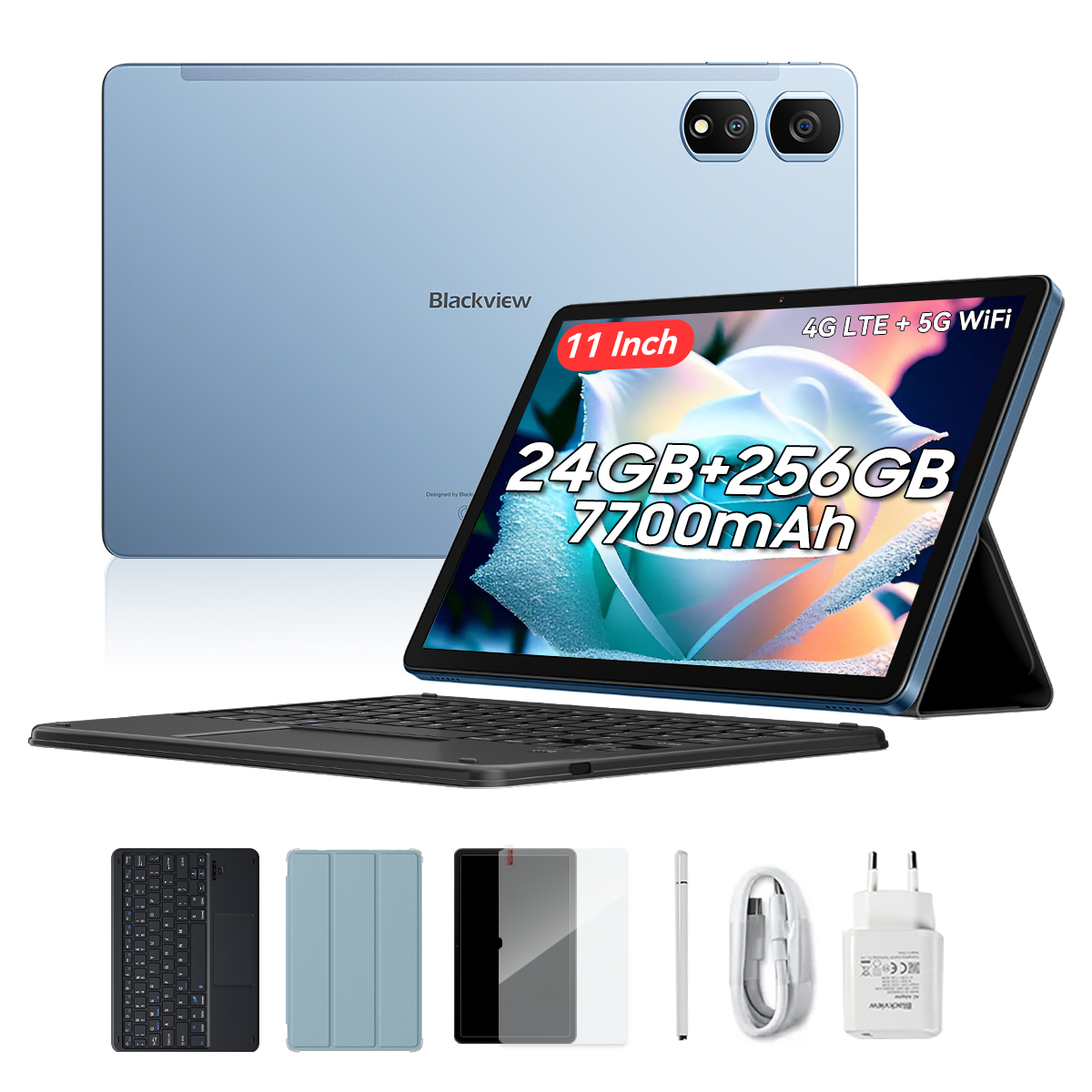 Blaues Blackview Tablet, 11 Zoll Bildschirm, 24GB+256GB, 7700mAh. Inkl. Tastatur, Hülle, Schutzfolie, Stift & Ladegerät.