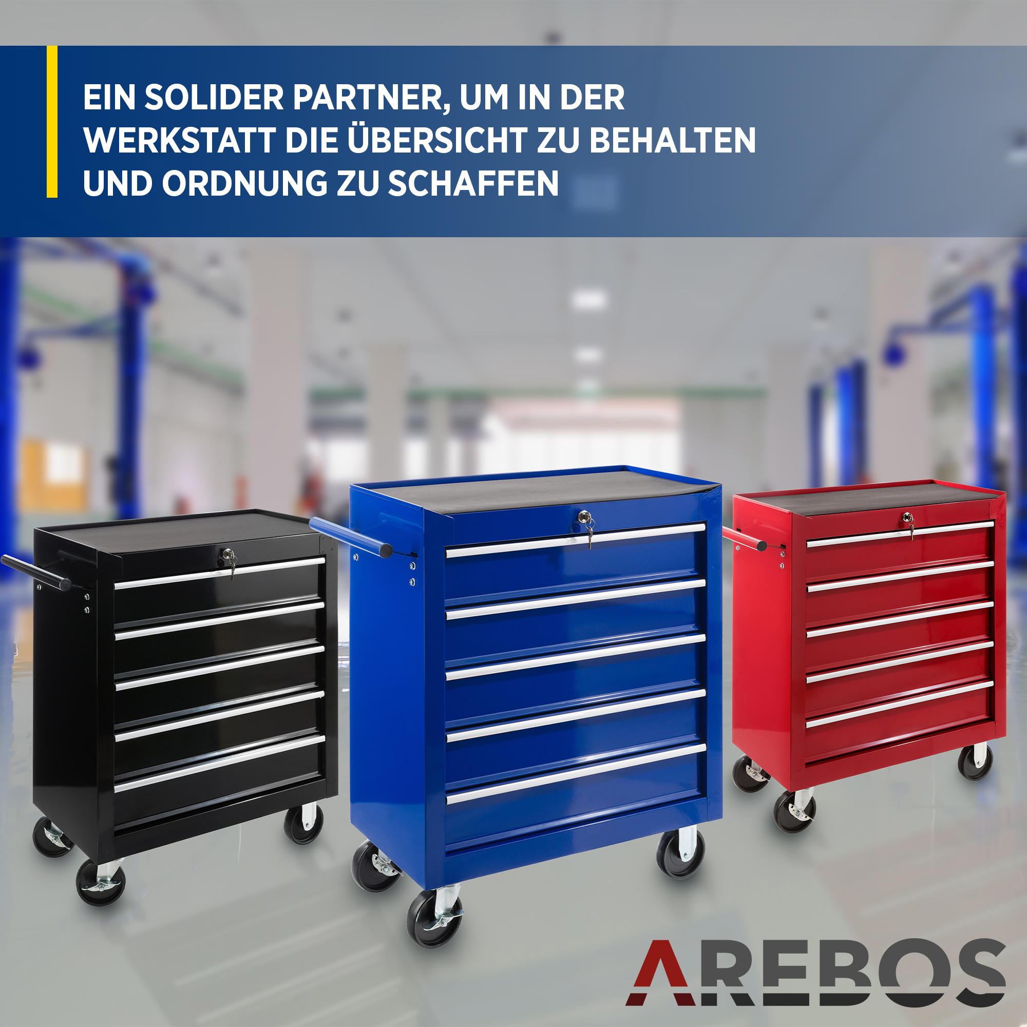 Drei blaue, schwarze und rote Werkzeugkästen auf Rädern werden gezeigt. Text darüber beschreibt sie als soliden Partner.