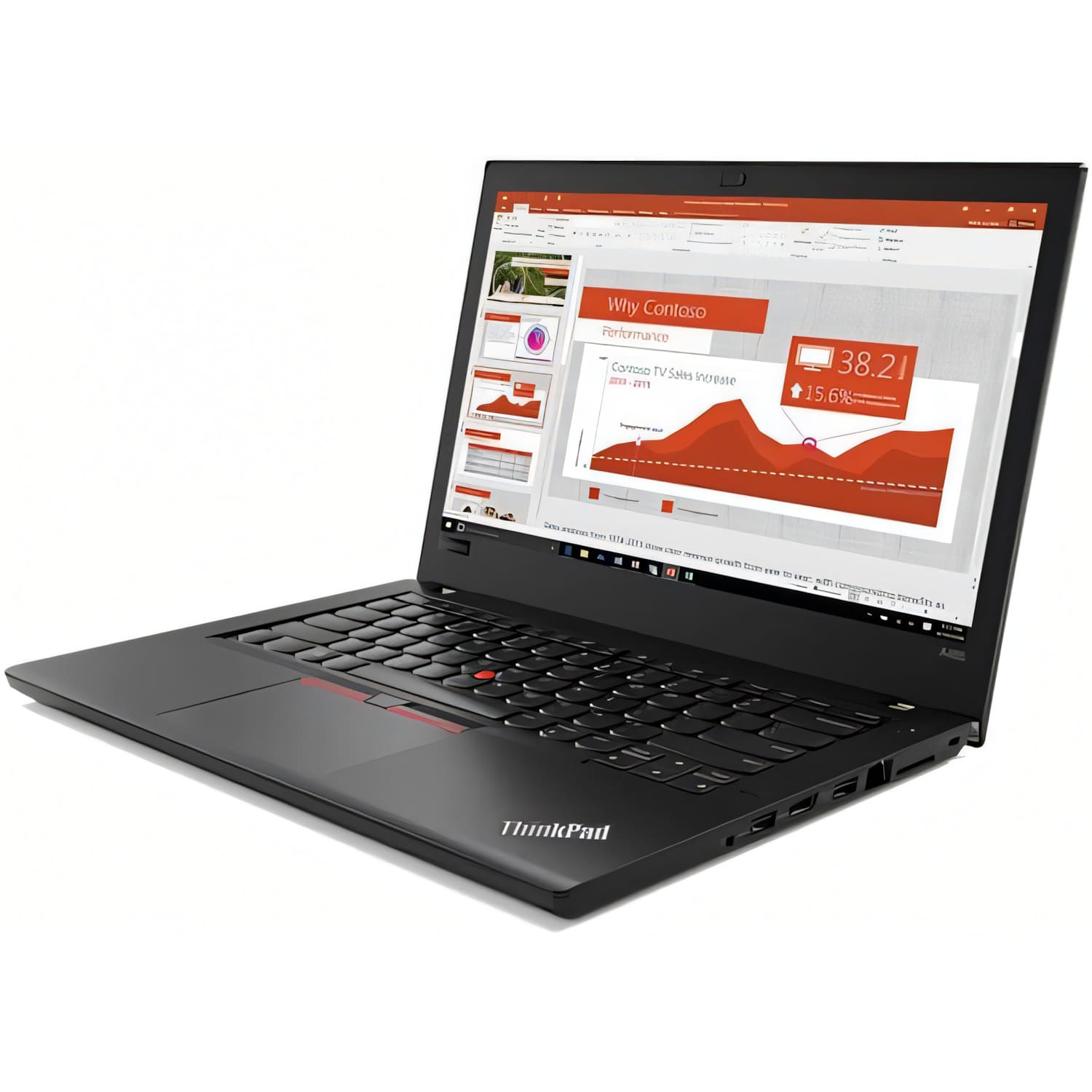 Una laptop ThinkPad negra está abierta, mostrando gráficos, contra un fondo blanco.
