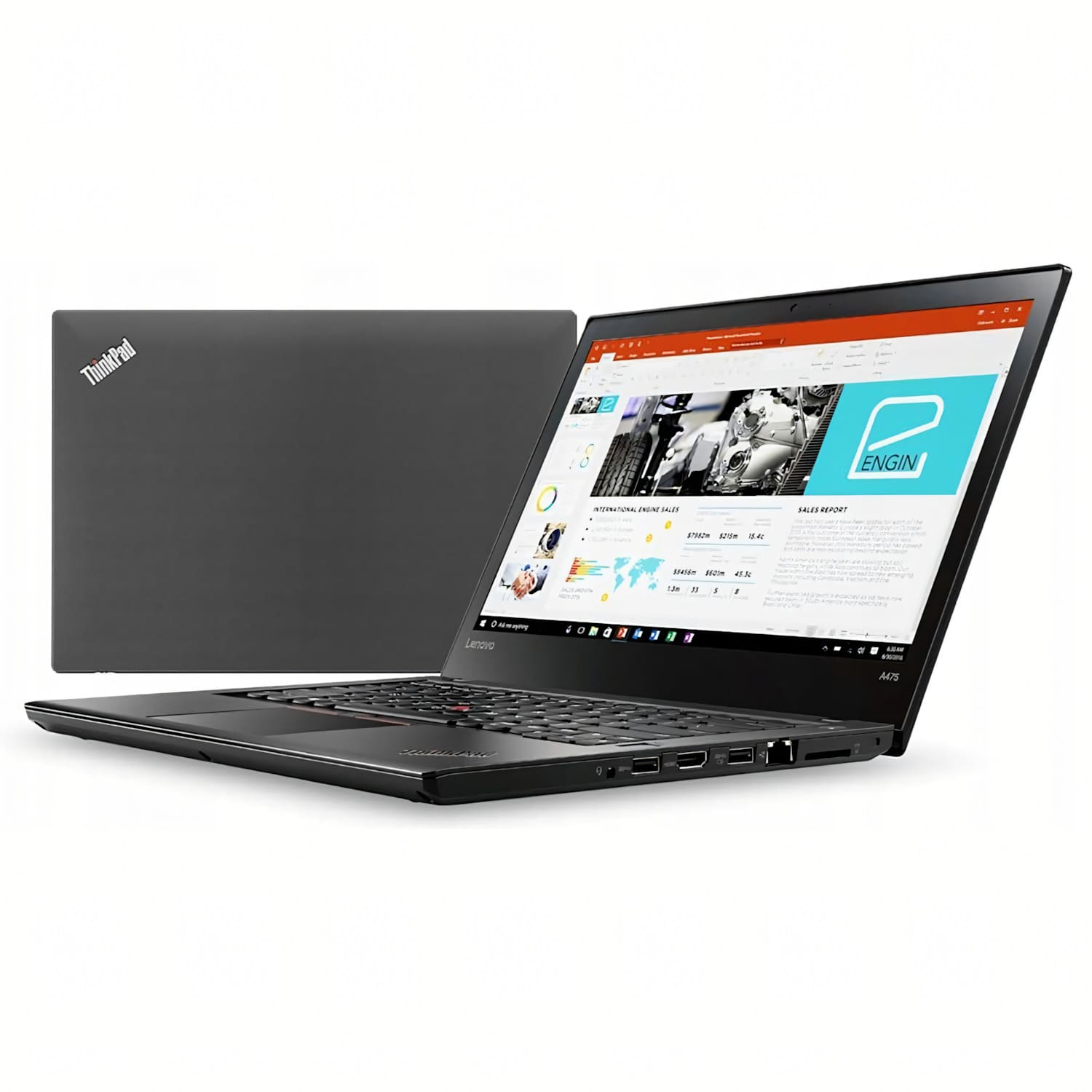 Portátil ThinkPad negro con informe de ventas. Otro portátil en el fondo. Fondo blanco.