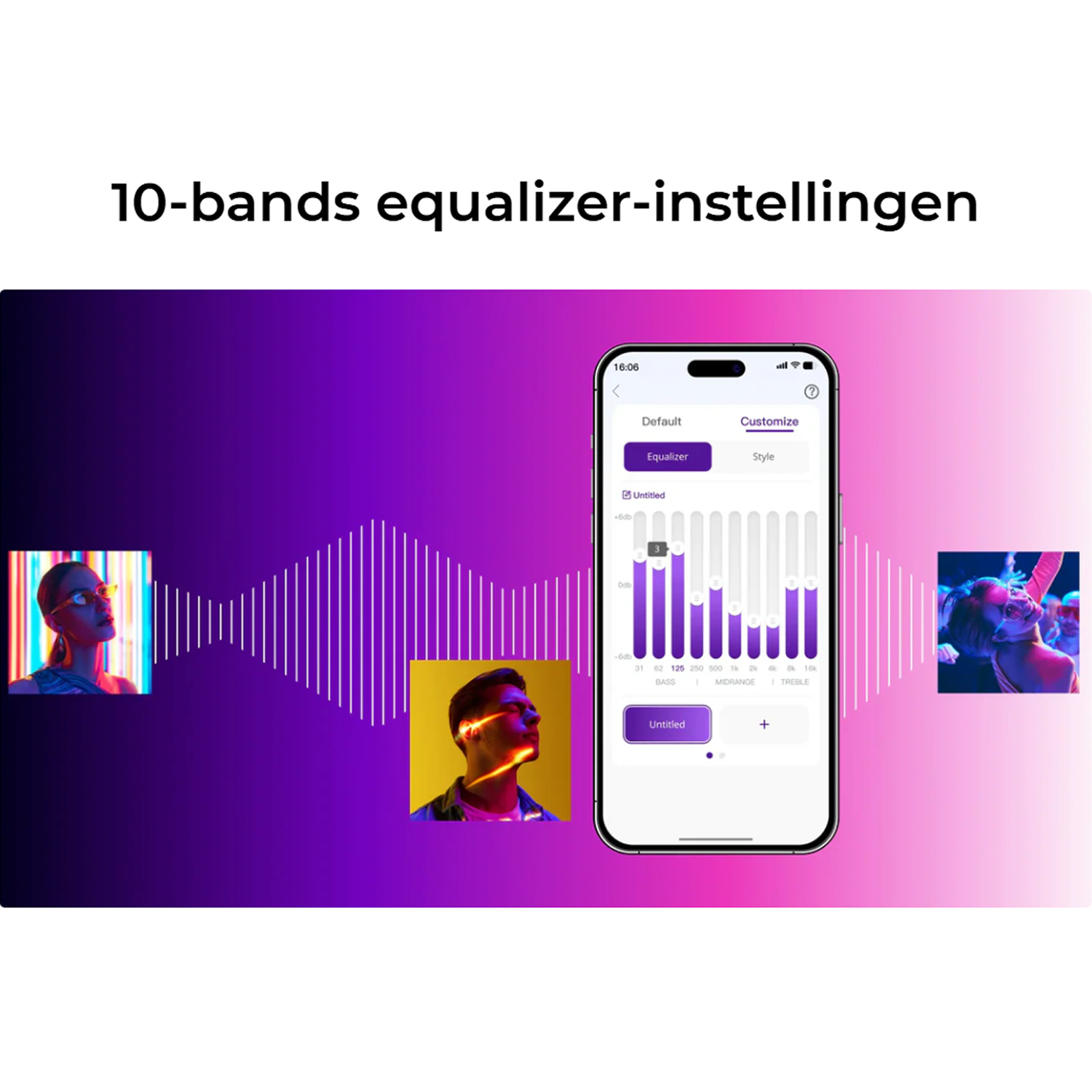 Smartphone screen showing equalizer settings. Purple gradient background with images of people and sound wave lines.