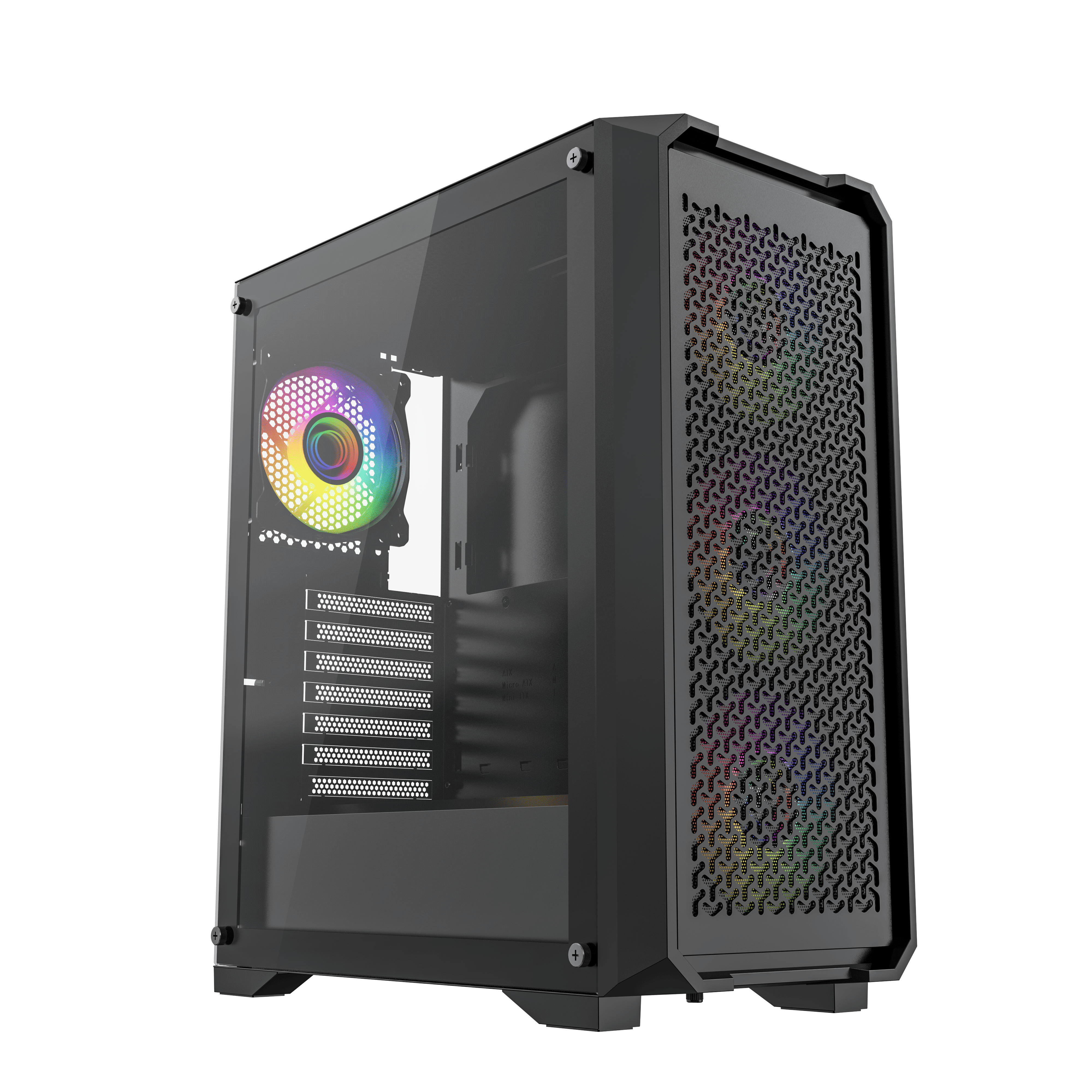 Caja de PC negra con lateral de vidrio. Ventilador RGB y panel frontal perforado. Interior no visible.