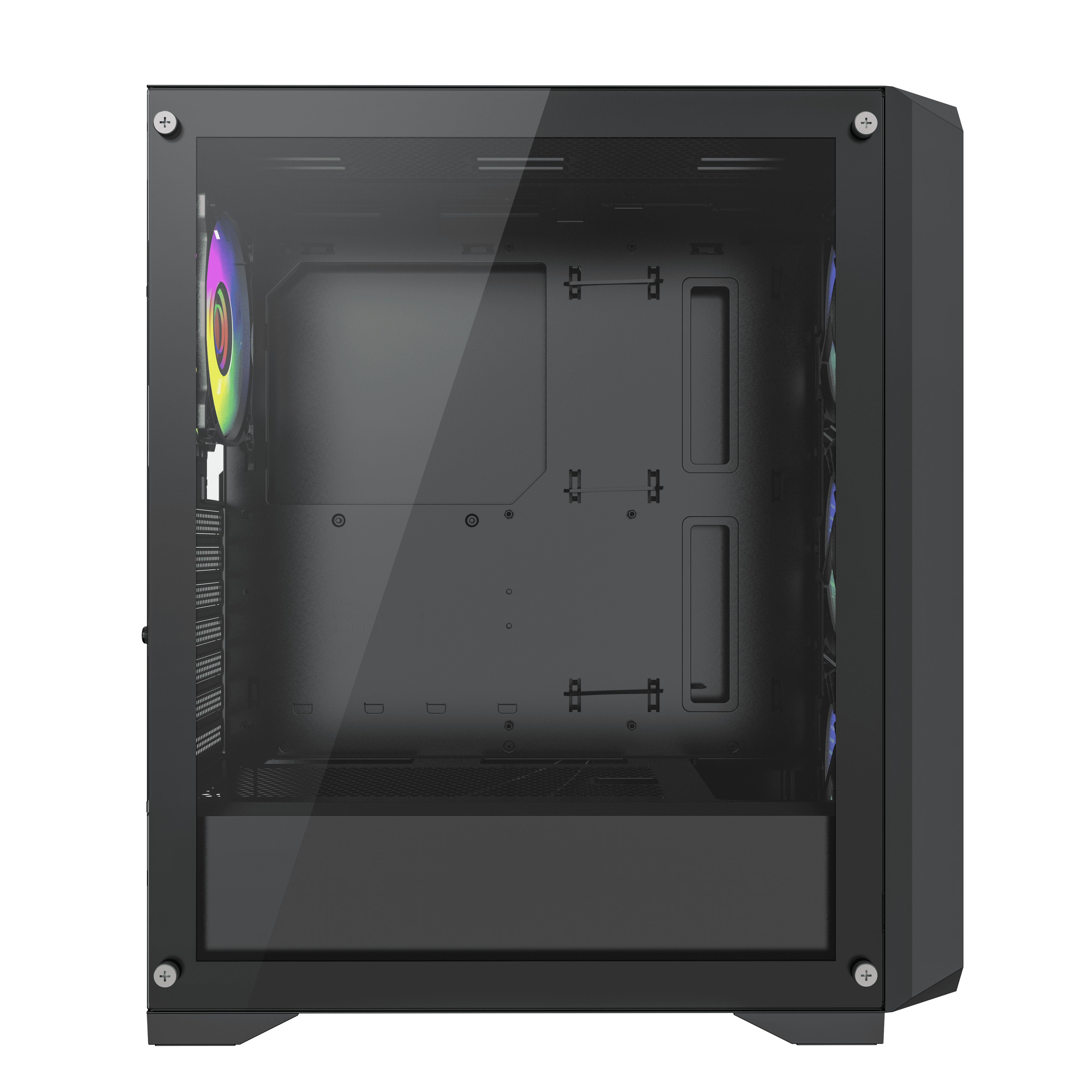Caja de PC negra con lateral de vidrio. Ventilador RGB visible. Componentes interiores no visibles.