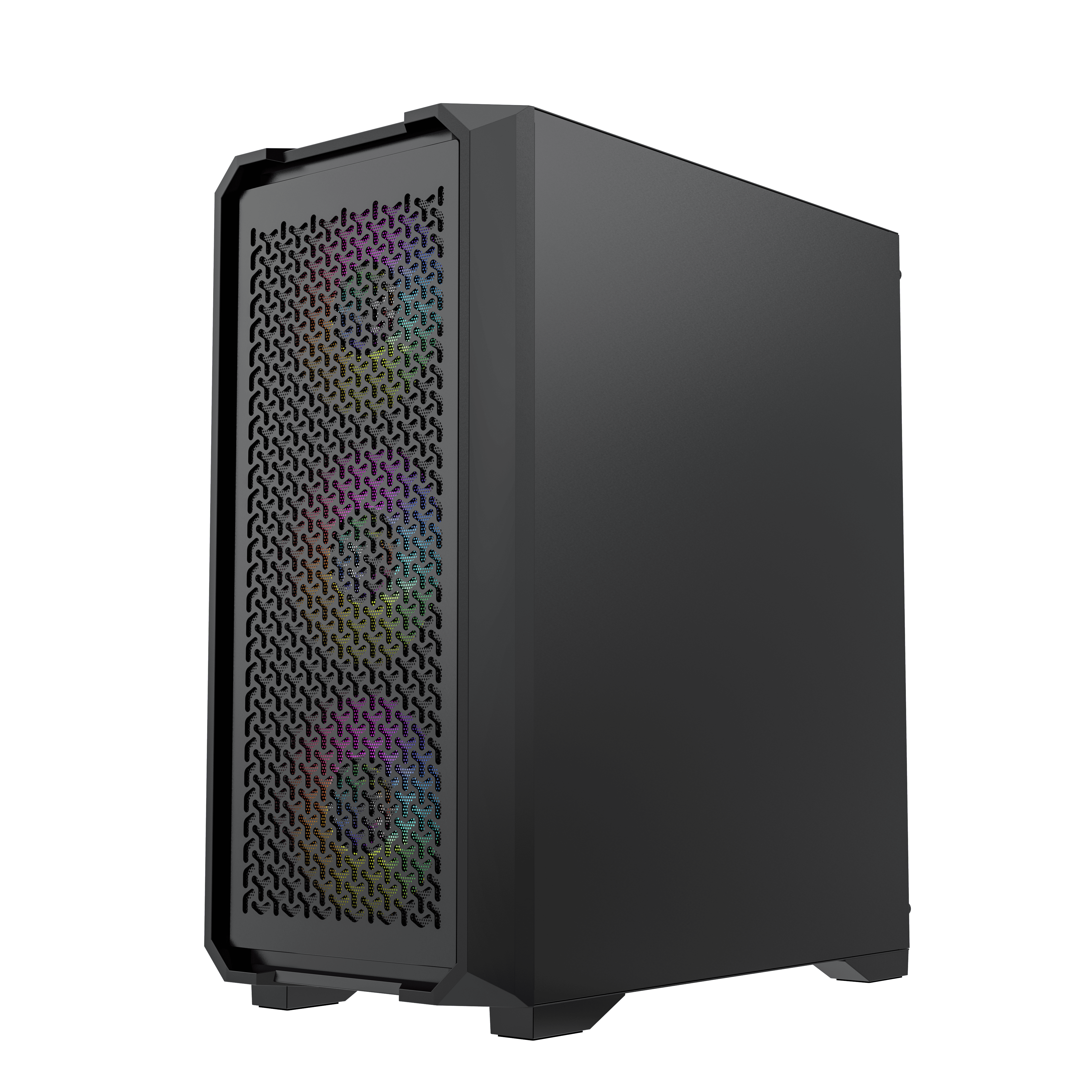 Caja de PC negra. Panel frontal perforado. Panel lateral sólido. Vista en ángulo.