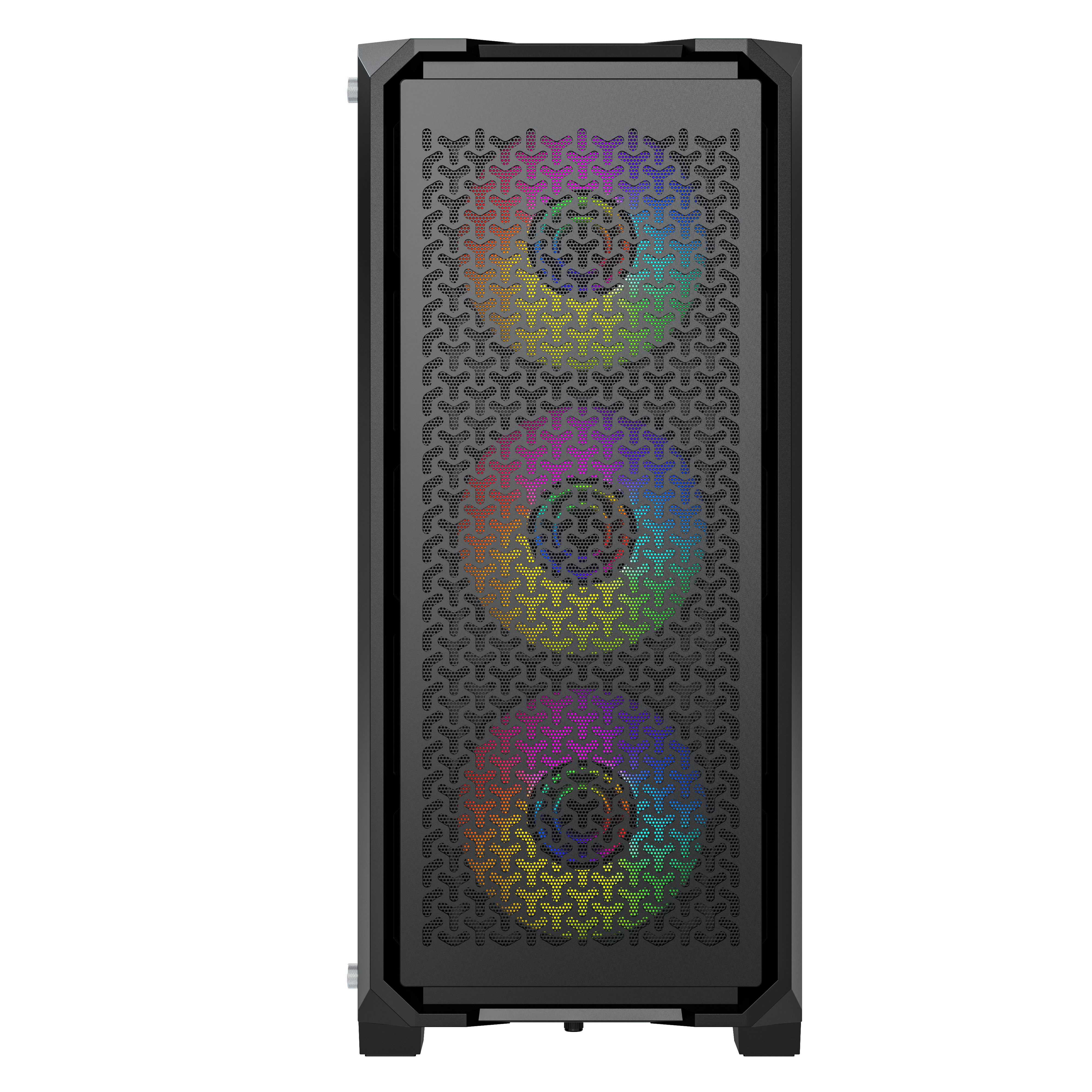 Caja de PC negra con frontal de cristal. Tres ventiladores RGB. Interior no visible.