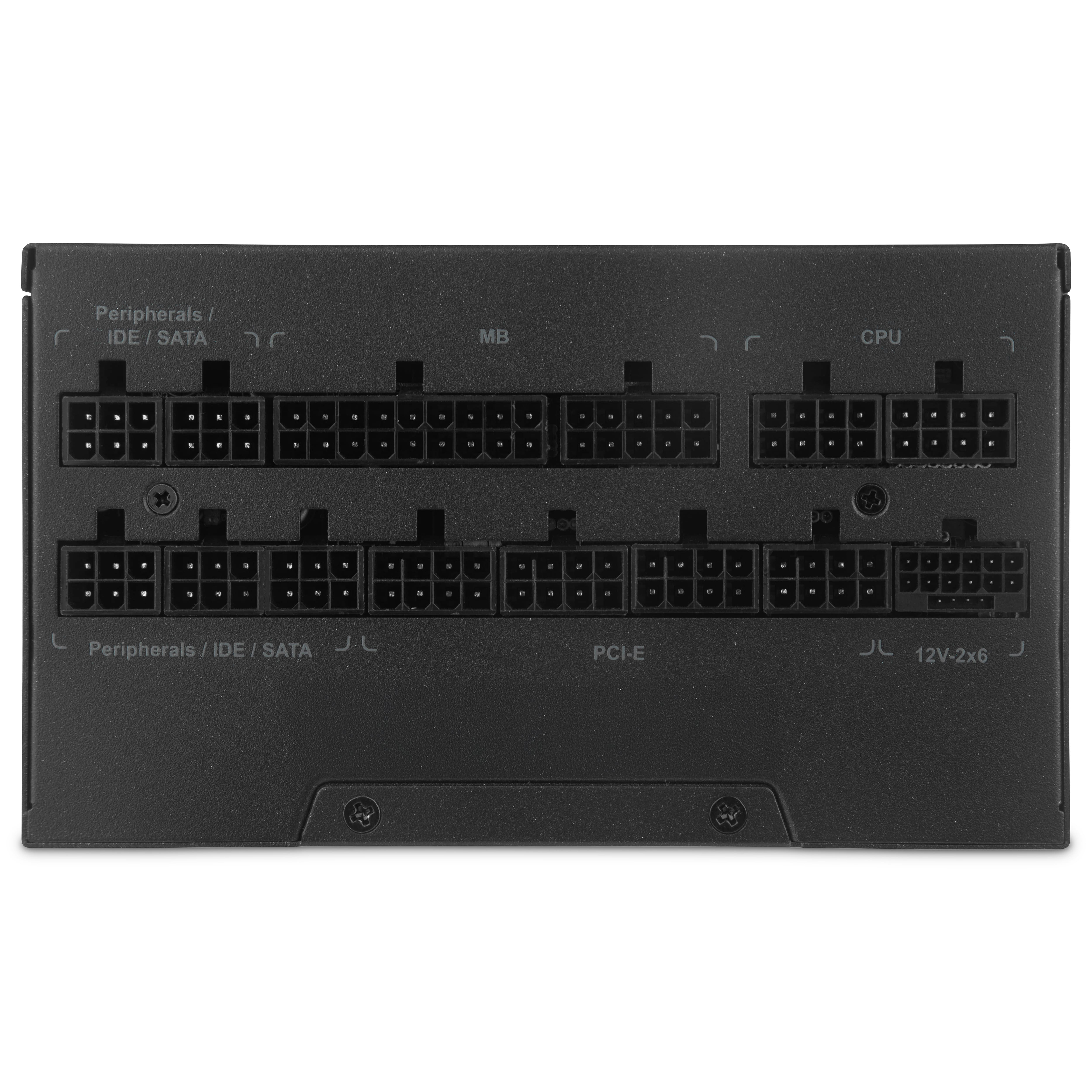 Lado de la fuente de alimentación negra con conectores. Múltiples conectores para varios componentes.