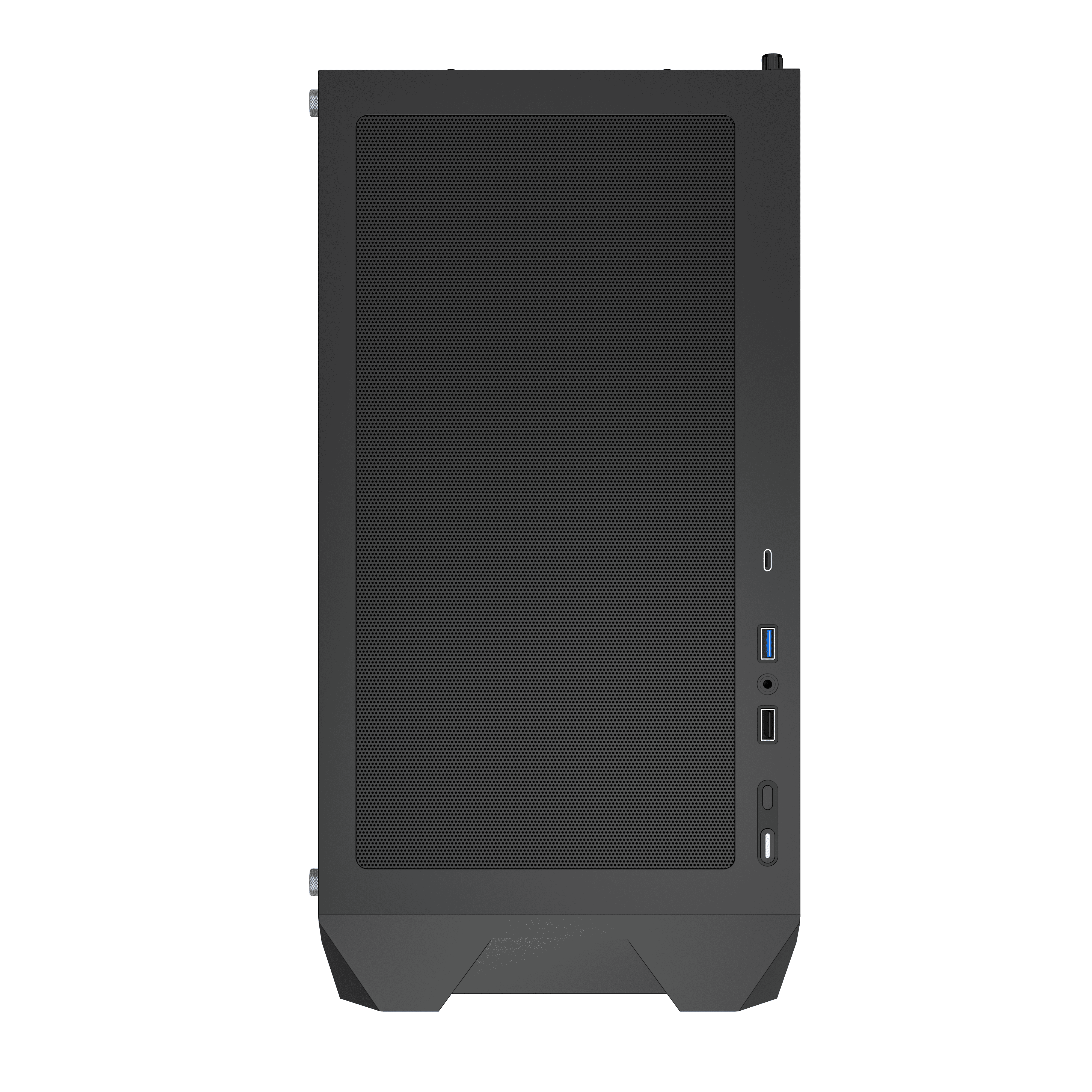 Panel frontal de caja de PC negro. Cuenta con un diseño de malla, con puertos USB y botón de encendido.
