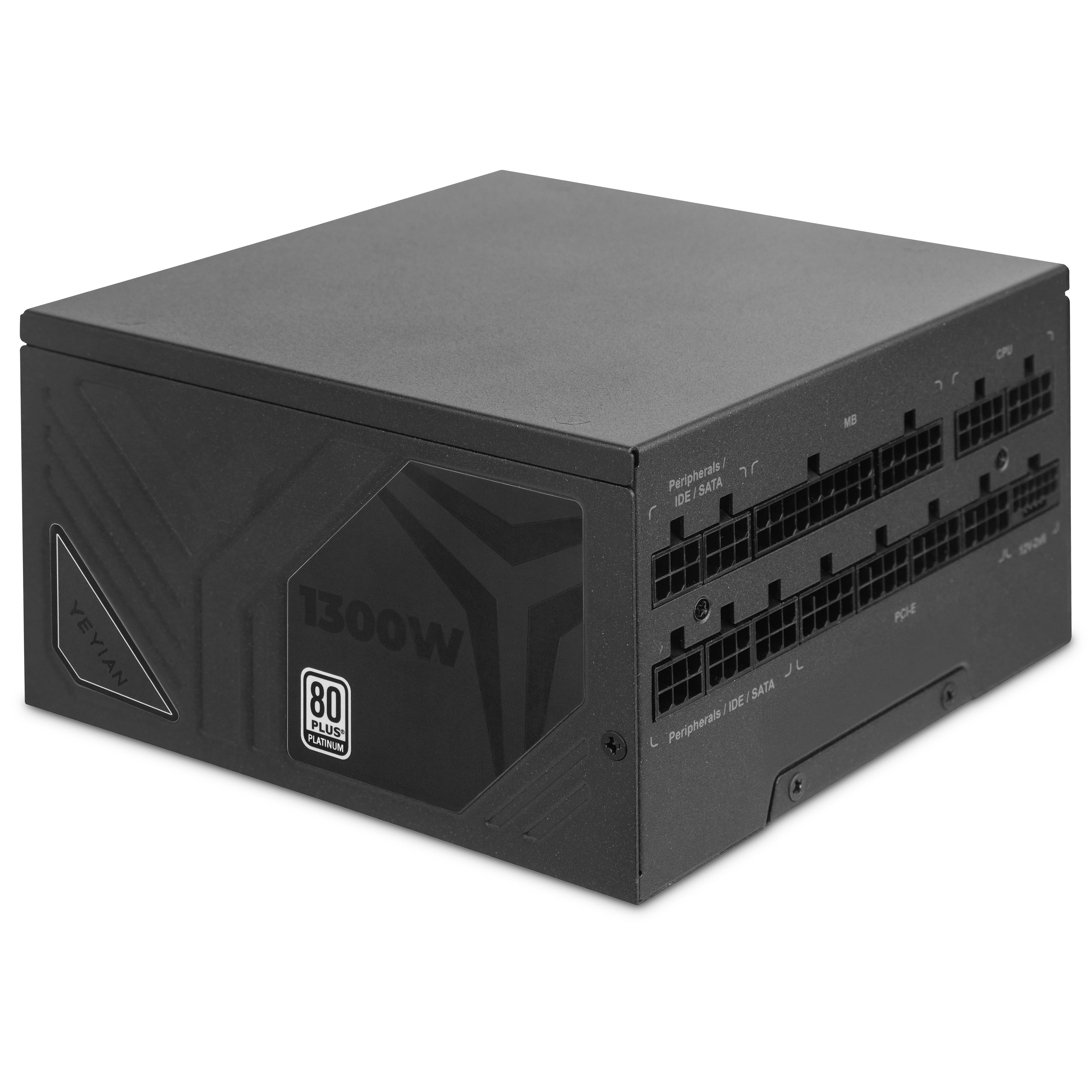 Fuente de alimentación negra de 1300W, vista en ángulo. Cuenta con un logo 80 Plus Platinum. Rectangular.