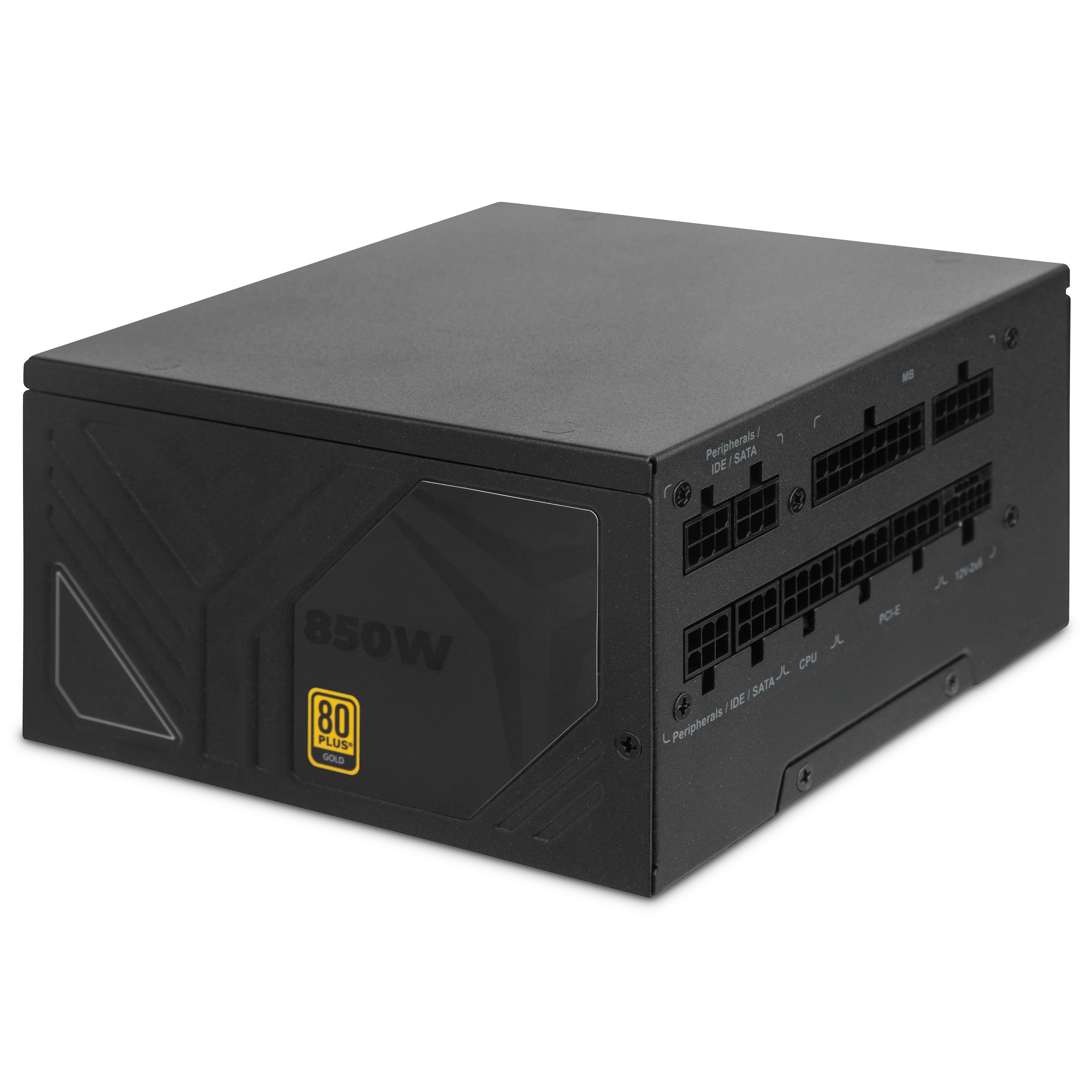 Alimentatore nero da 850W, vista angolata. Logo 80 Plus Gold e testo. Forma rettangolare.