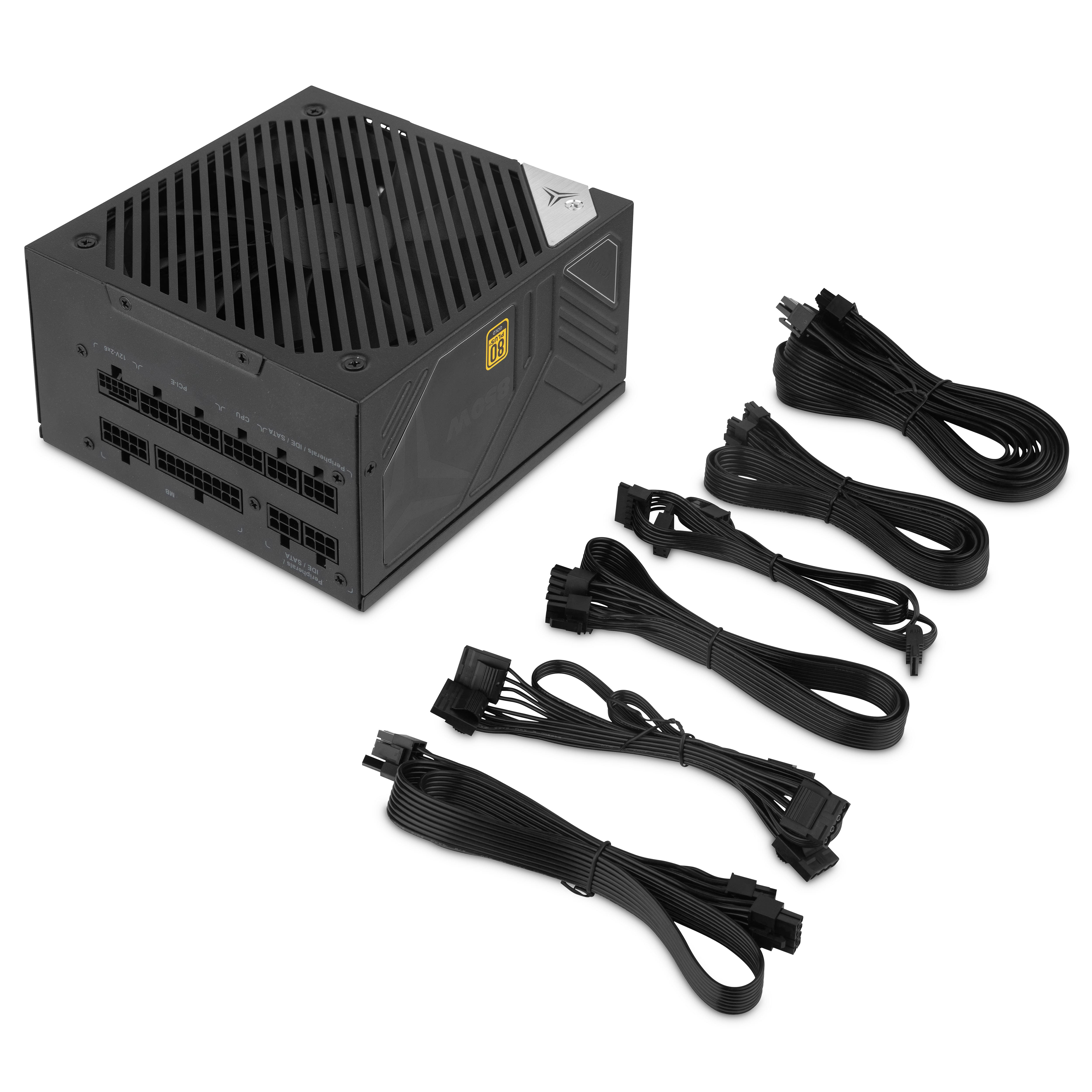 Alimentatore per computer nero con cavi. Ha una ventola e un logo.