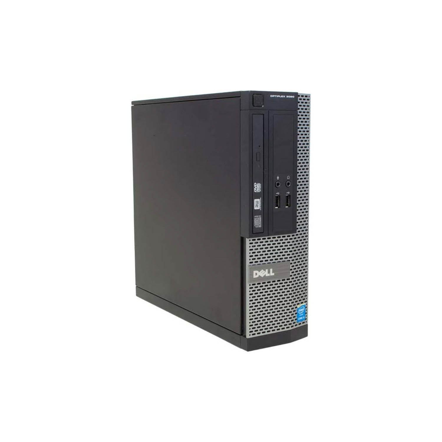 Computadora de escritorio Dell Optiplex negra. Tiene una franja plateada.