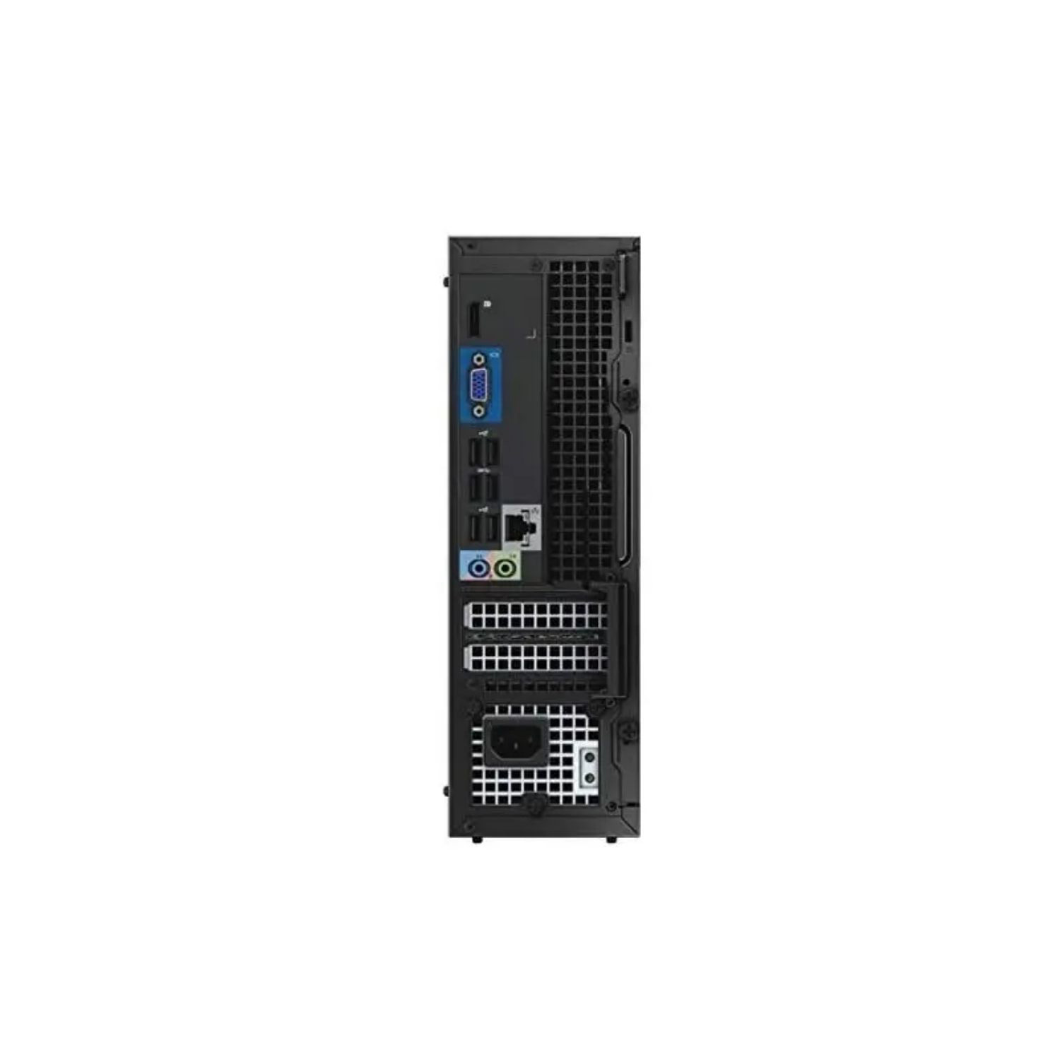 Parte trasera de una computadora Dell negra con puertos, ventilador y ventilación.