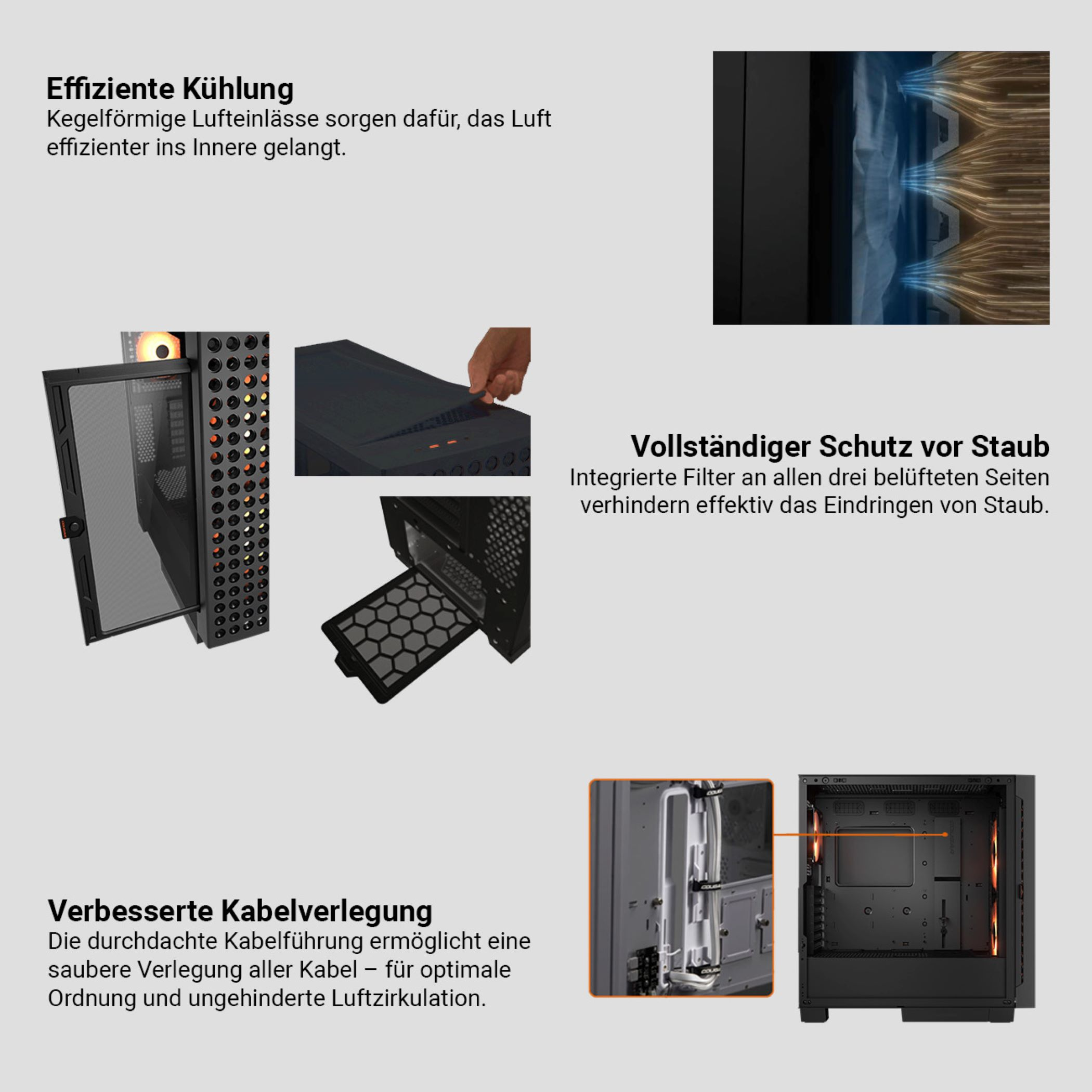 Mehrere Bilder, die Teile eines Computers zeigen. Es sind: Kühlung, Staubschutz und Kabelmanagement.