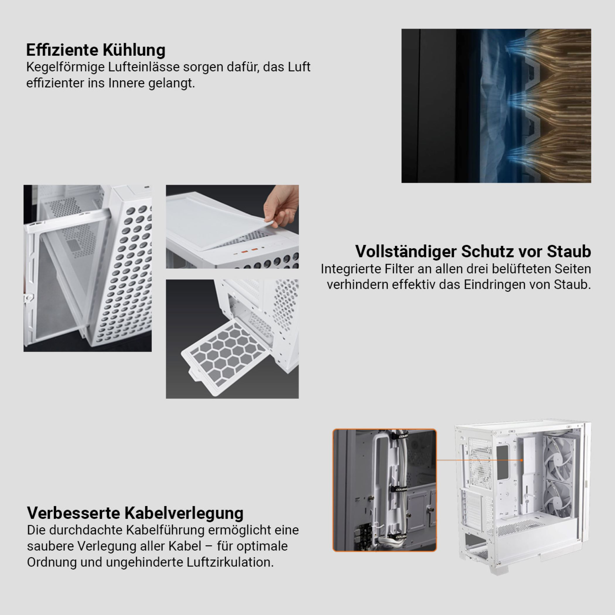 Mehrere Bilder, die Teile eines Computers zeigen. Es sind: Kühlung, Staubschutz und Kabelmanagement.