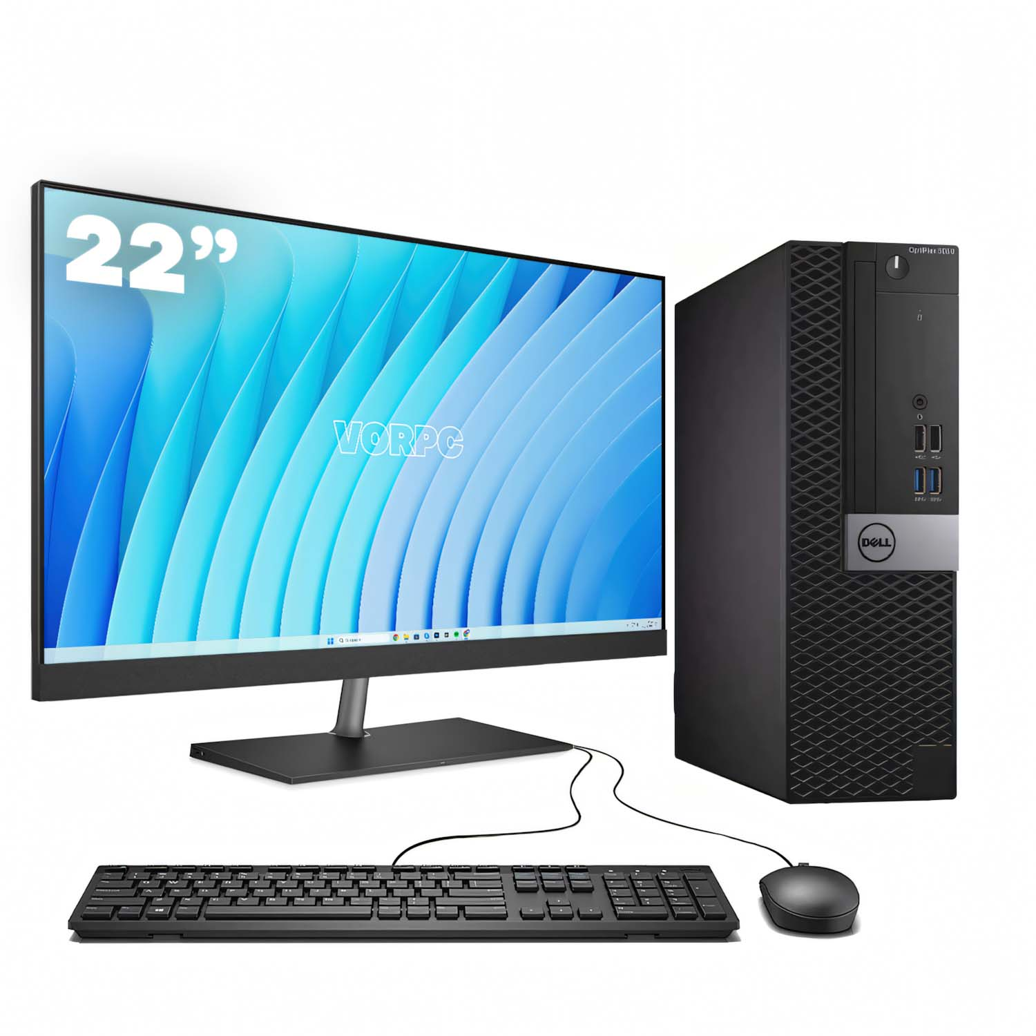 Monitor de 22”, configuración de ordenador sobre blanco. Incluye teclado y ratón. El monitor muestra un diseño azul. El ordenador es negro.
