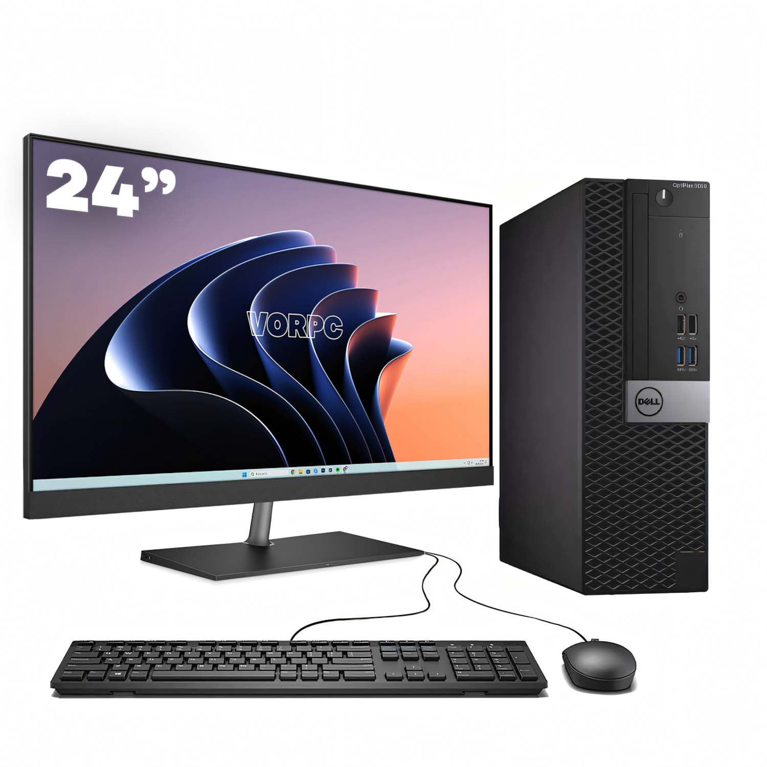 Un monitor de 24", teclado y ratón negros y una PC Dell negra. La pantalla muestra la palabra VORPC. Fondo blanco.