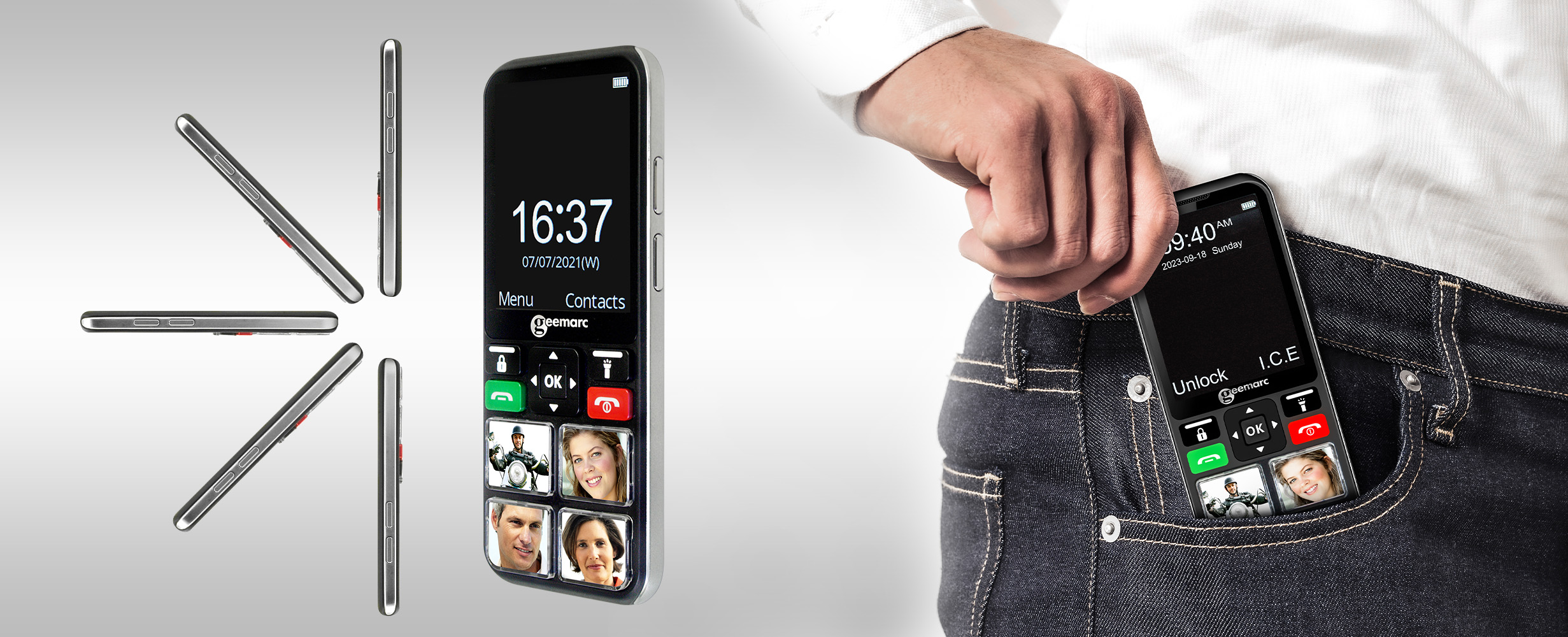 A smartphone is shown from different angles. A hand is pulling it out of a pocket. The screen displays time.