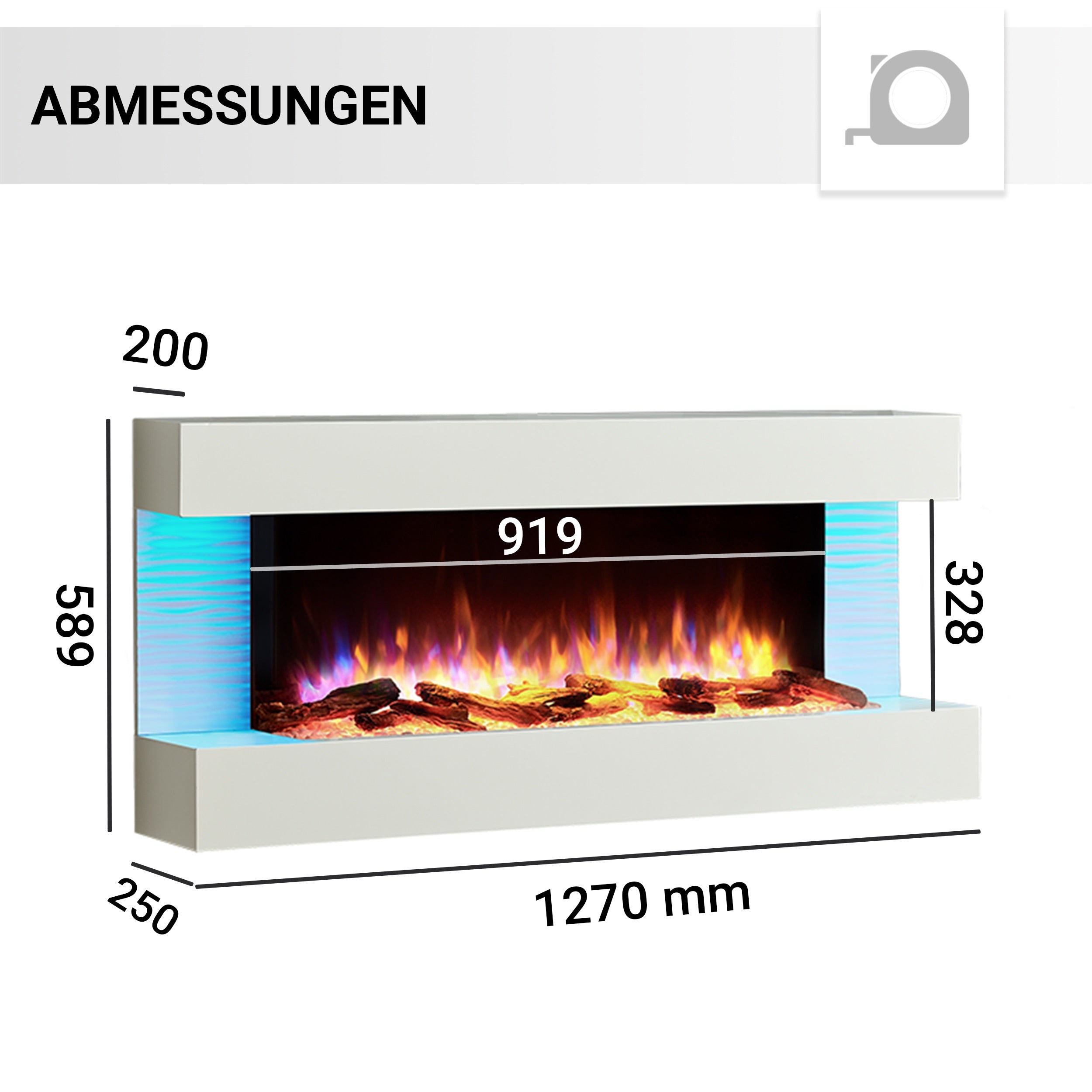 Ein Diagramm, das die Abmessungen eines weißen Kamins zeigt.