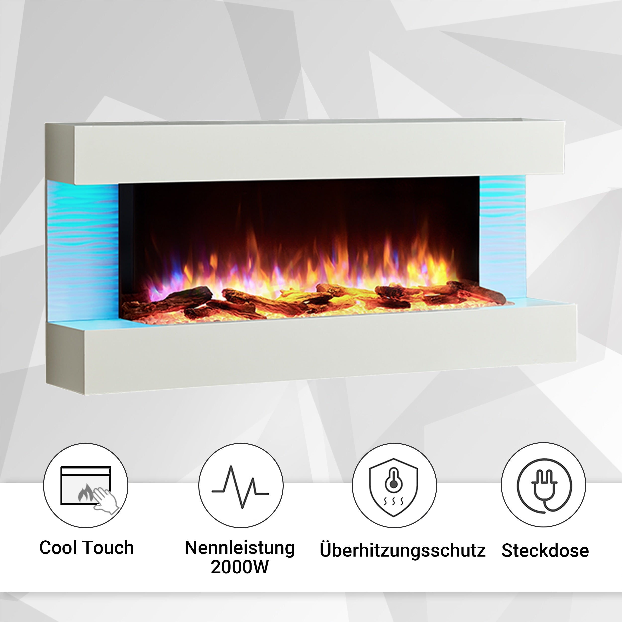 Ein weißer Kamin mit blauen Lichtern und Symbolen für Cool Touch, Leistung und Sicherheit.