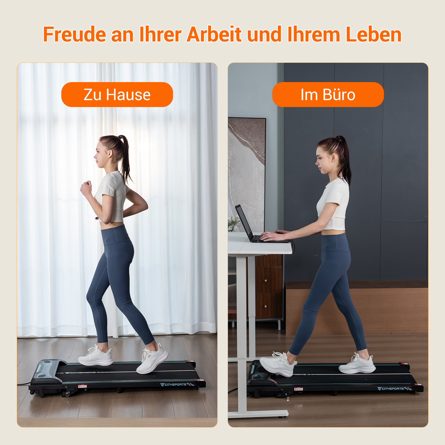 Eine Frau, die zu Hause auf einem Laufband läuft und im Büro arbeitet.