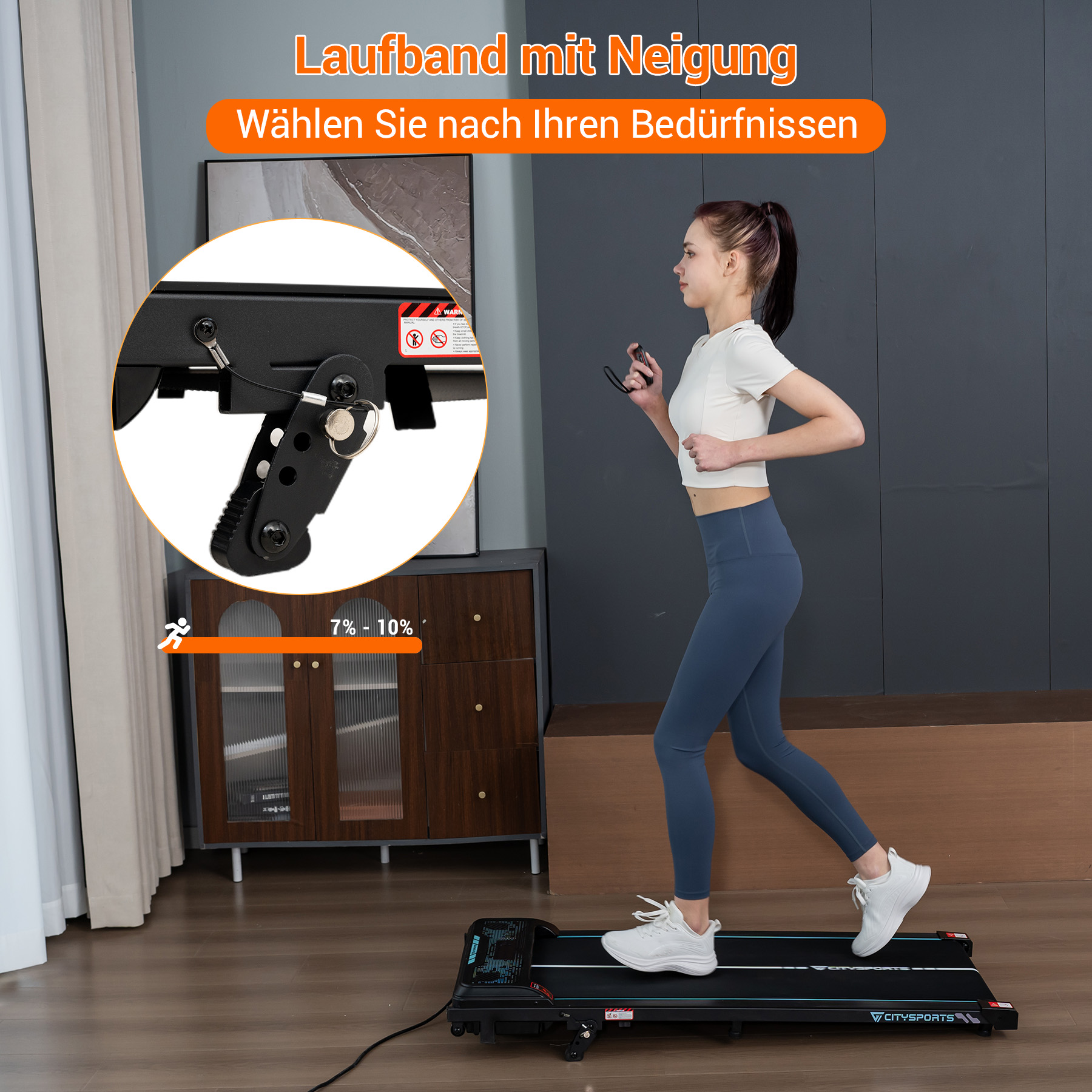 Frau läuft auf dem Laufband, Text: Laufband mit Steigung.