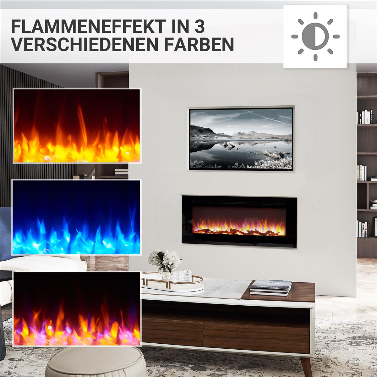 Ein Wohnzimmer mit Kamin und drei angezeigten Flammenfarboptionen.