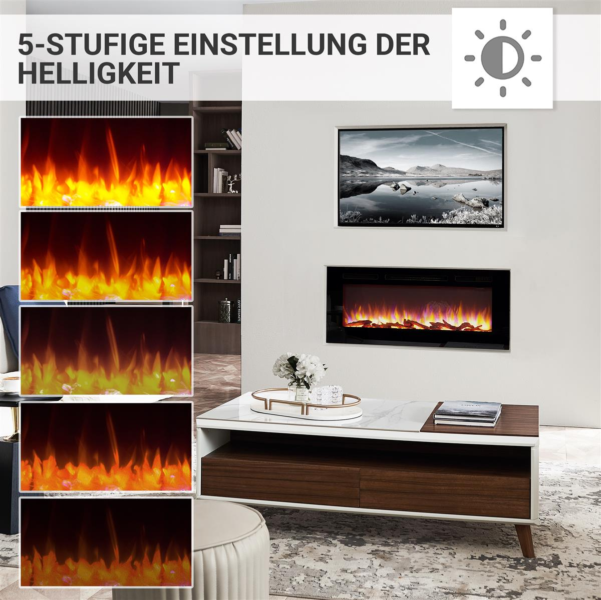 Kamin mit Flammen, 5 Helligkeitseinstellungen und Couchtisch.