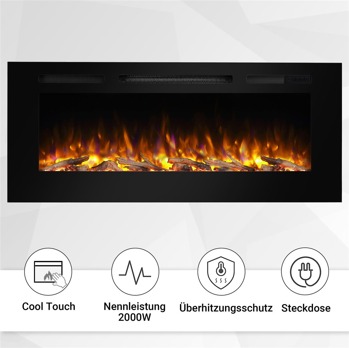 Ein weißer elektrischer Kamin mit schwarzem Hintergrund. Es gibt Symbole für kühle Berührung, Nennleistung und Überhitzungsschutz.