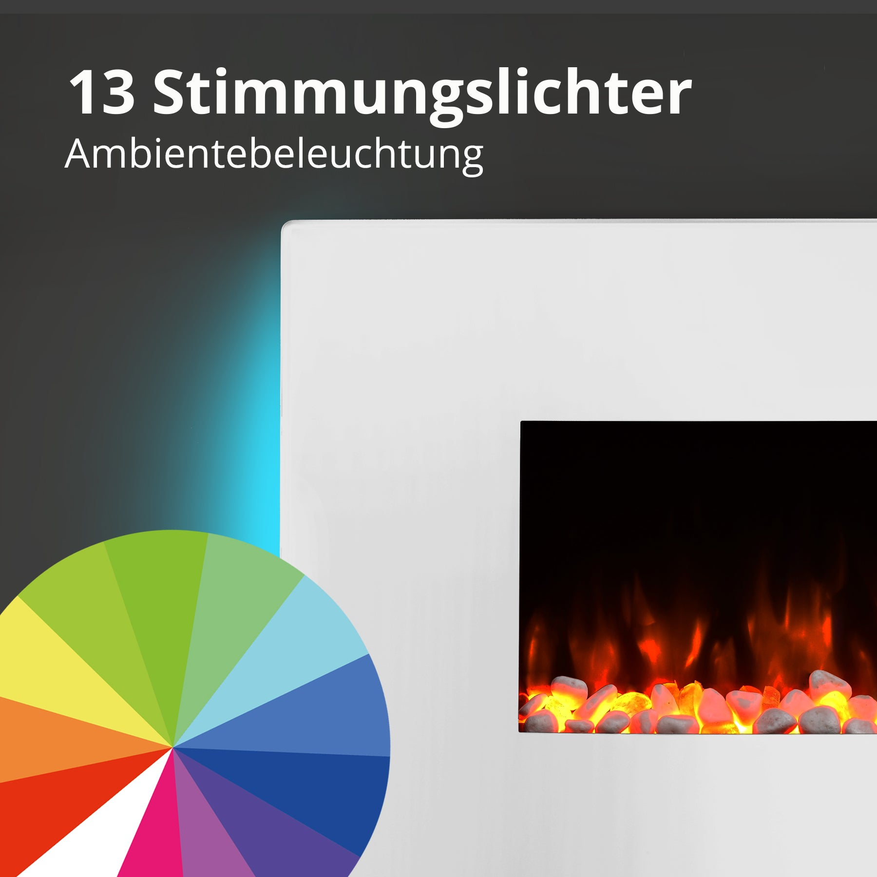 Ein weißer Kamin mit einem Farbrad aus Farben. Es hat Flammen- und Steindetails.