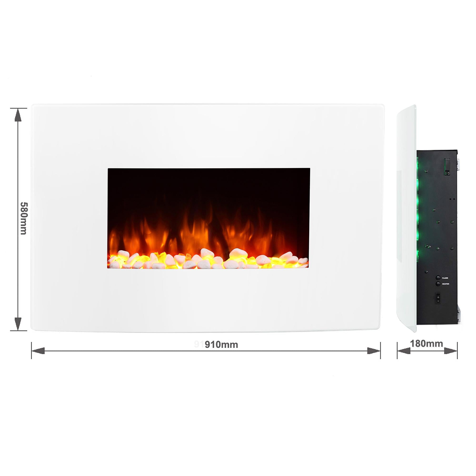 Weißer Elektrokamin mit beschrifteten Abmessungen, Flammen- und Steindetails und Seitenansicht.