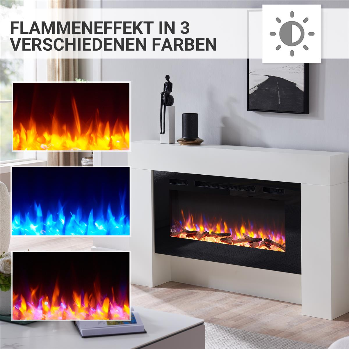 Ein weißer elektrischer Kamin, der drei Flammenfarben anzeigt. Das Bild zeigt die Farbeinstellungen und ein gerahmtes Bild.