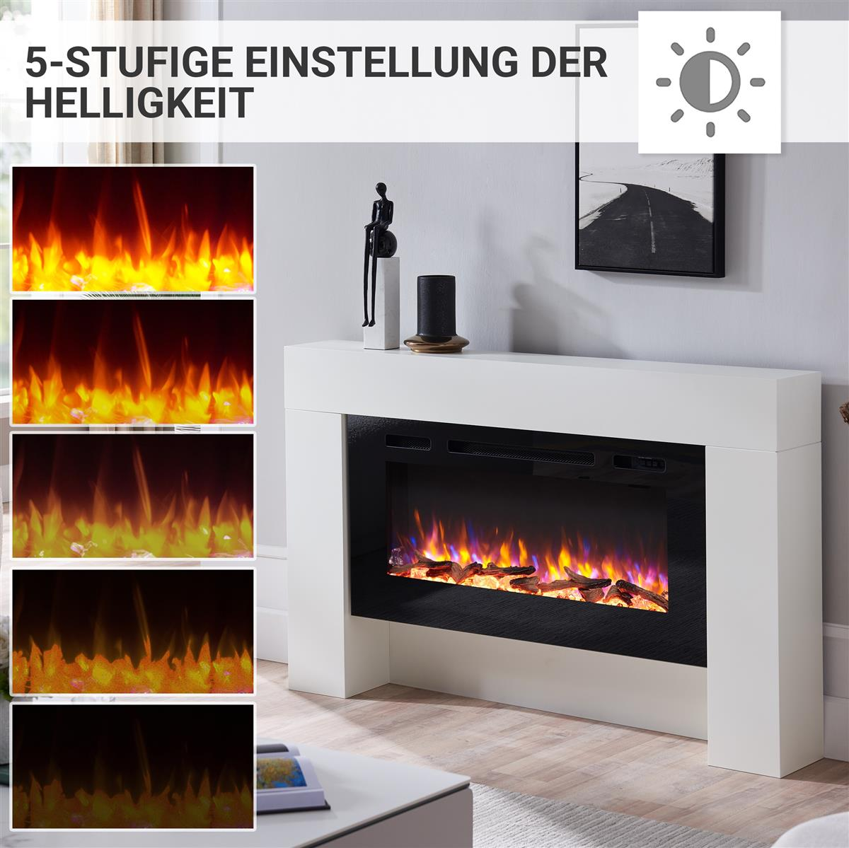 Weißer Elektrokamin mit einer Vielzahl von Flammeneinstellungen und einer menschlichen Figur darüber.